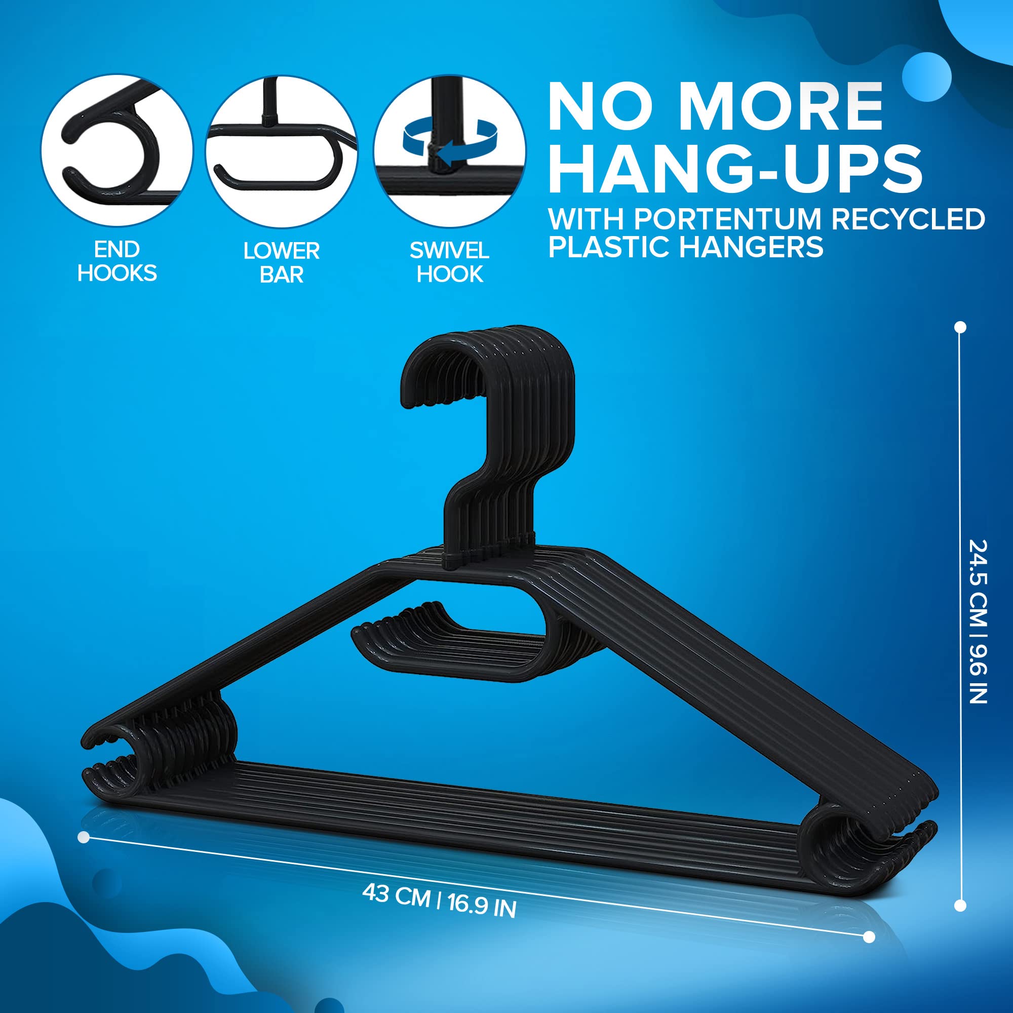 PORTENTUM Recycled Plastic Standard Hangers - Space Saving, Anti-Slip, 360° Swivel Hook | 10 Pack, Black 3