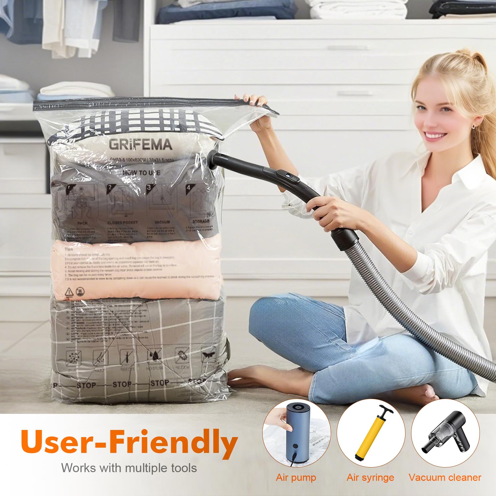 GRIFEMA GH83-8 Space Saver Bags - 6 Pack Extra-Large 100x80 cm Vacuum Storage for Clothing & Bedding 4