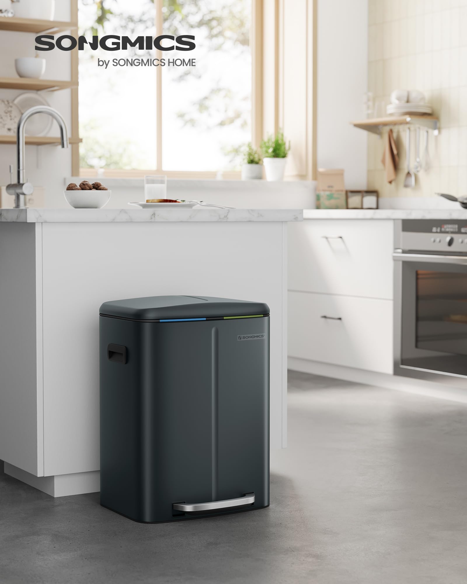 SONGMICS Grey-Green Kitchen Bin with Two 20L Inner Buckets | Steel Construction | Quiet Close 2