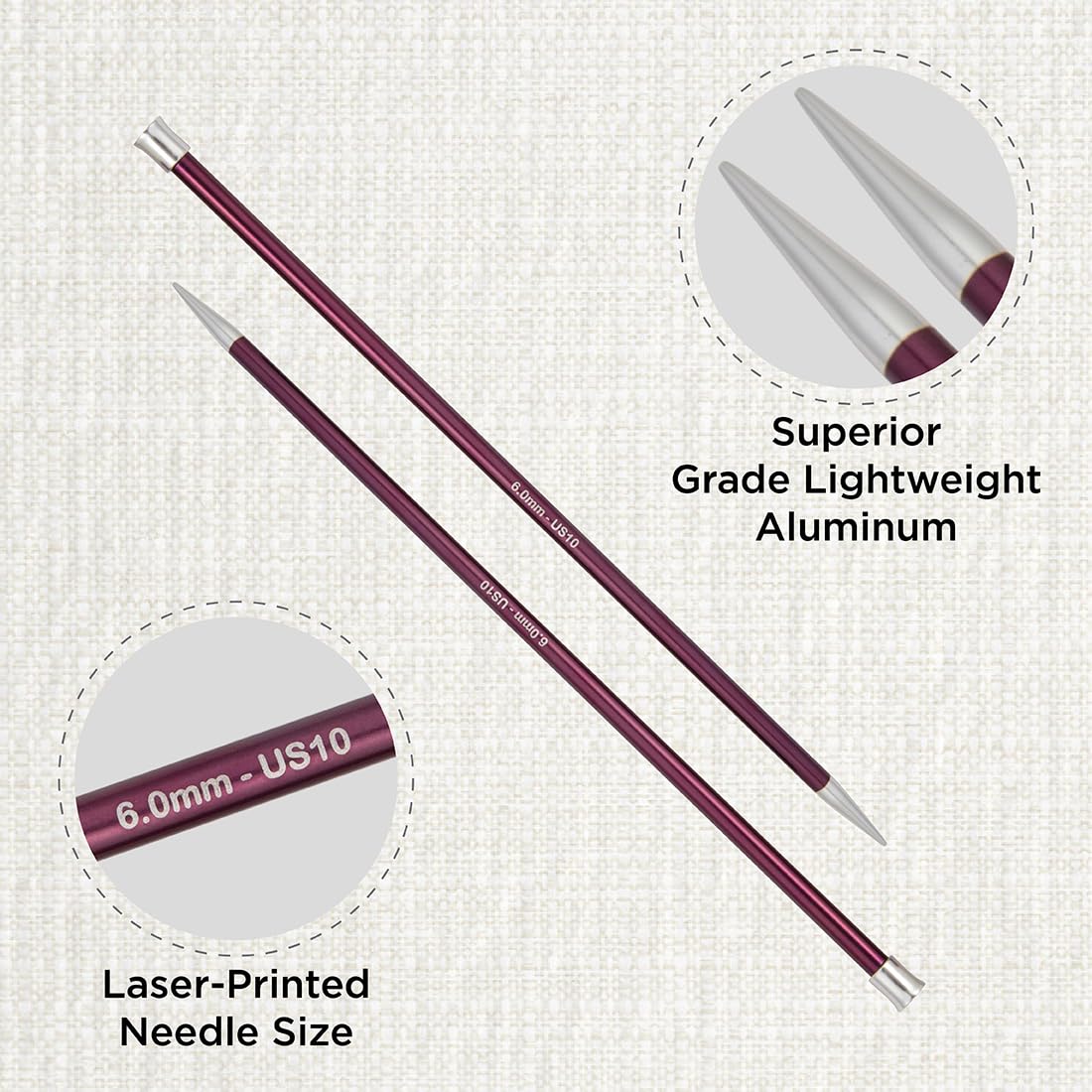 KnitPro Zing Single Pointed Knitting Needles - 6.00mm | 35cm Length | Lightweight Aluminium 2