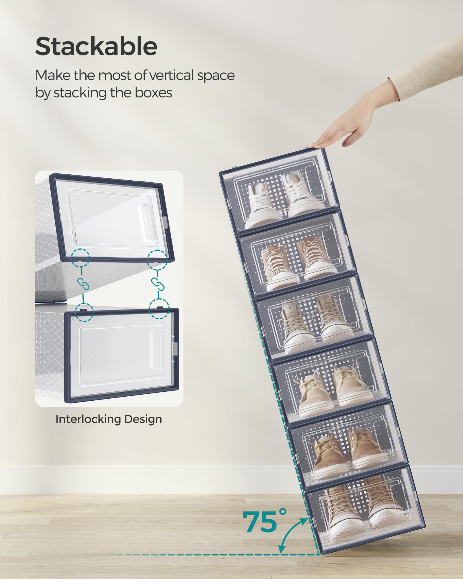 SONGMICS Shoe Boxes - Pack of 18 Stackable Storage Organisers | Fits UK Size 9.5 | Transparent 3