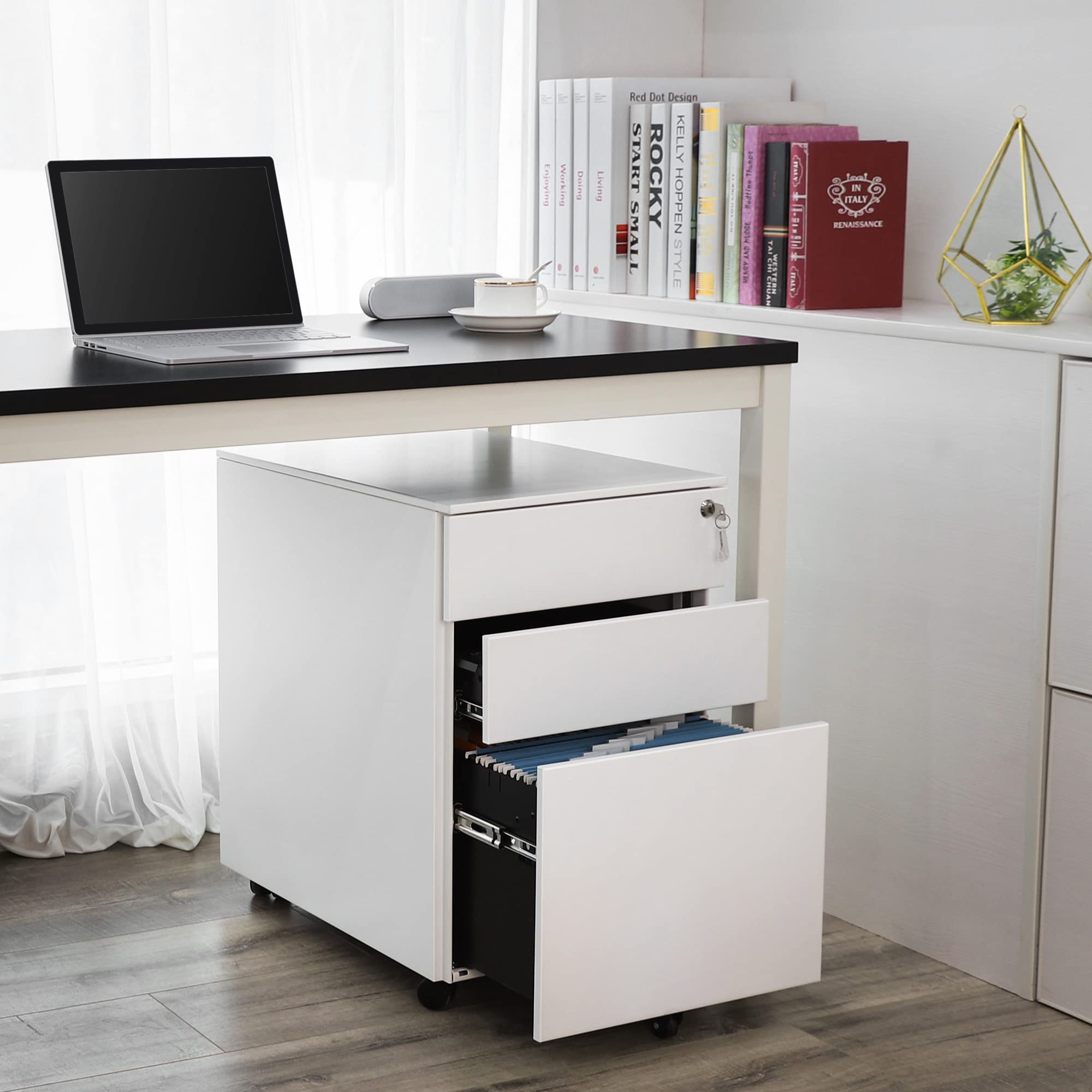 SONGMICS Mobile File Cabinet - 3 Drawers Lockable Steel Pedestal | White | 39x52x60cm