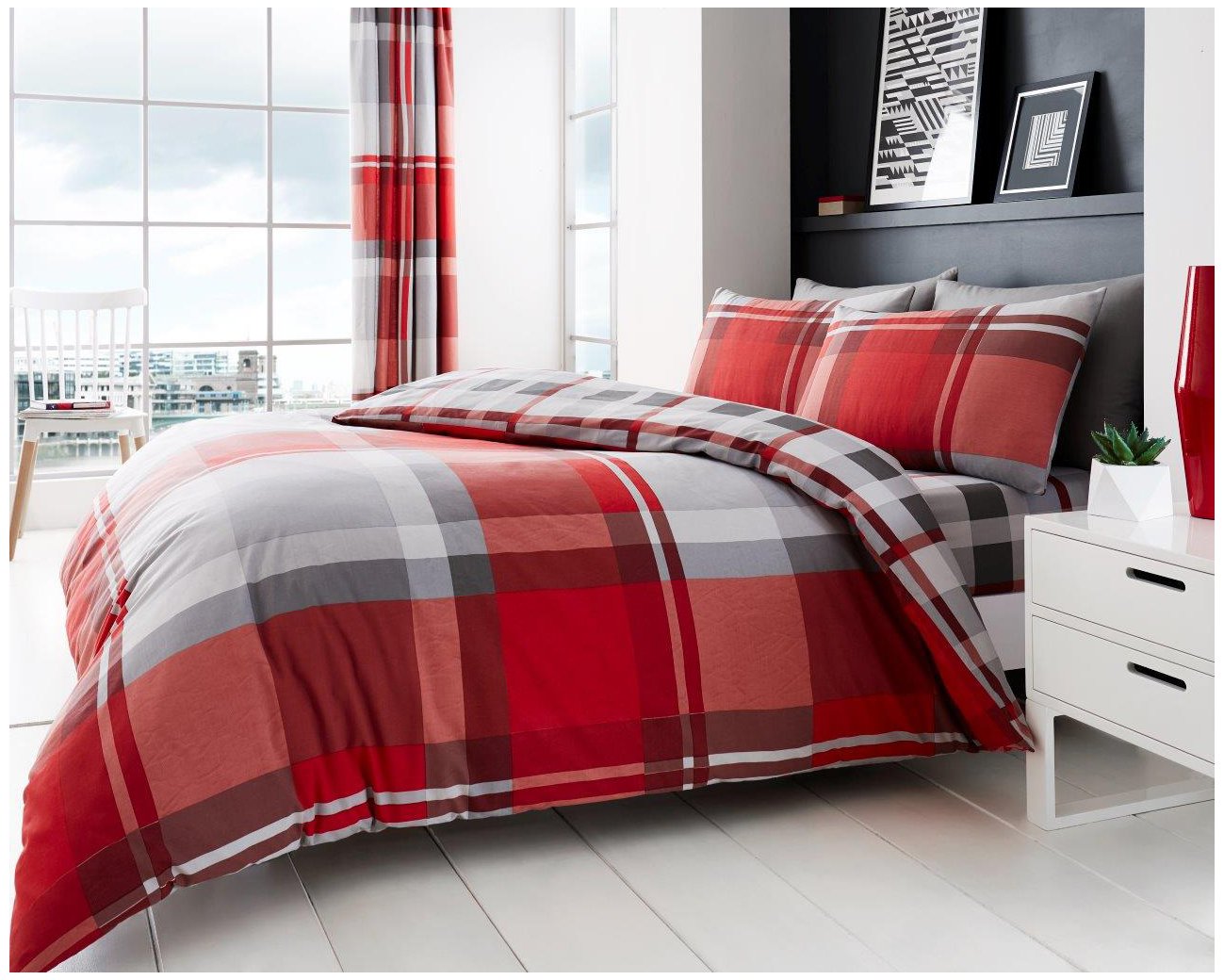 GC GAVENO CAVAILIA Waverley Check Double Duvet Cover Set | Red Polyester-Cotton | 3-Piece 1
