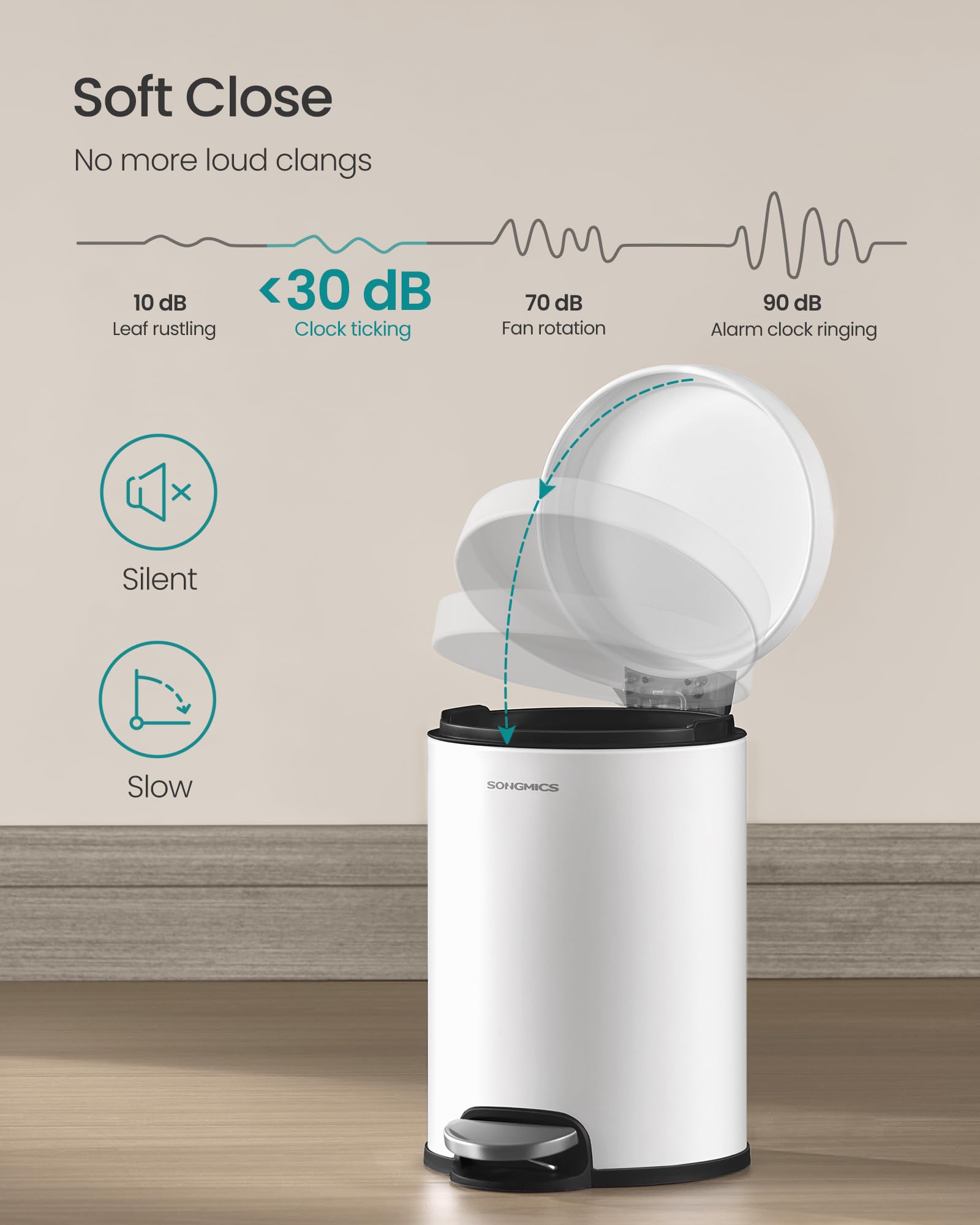 SONGMICS Bathroom Pedal Bin - 3 L Capacity | Soft-Close Lid | Cloud White Steel 4