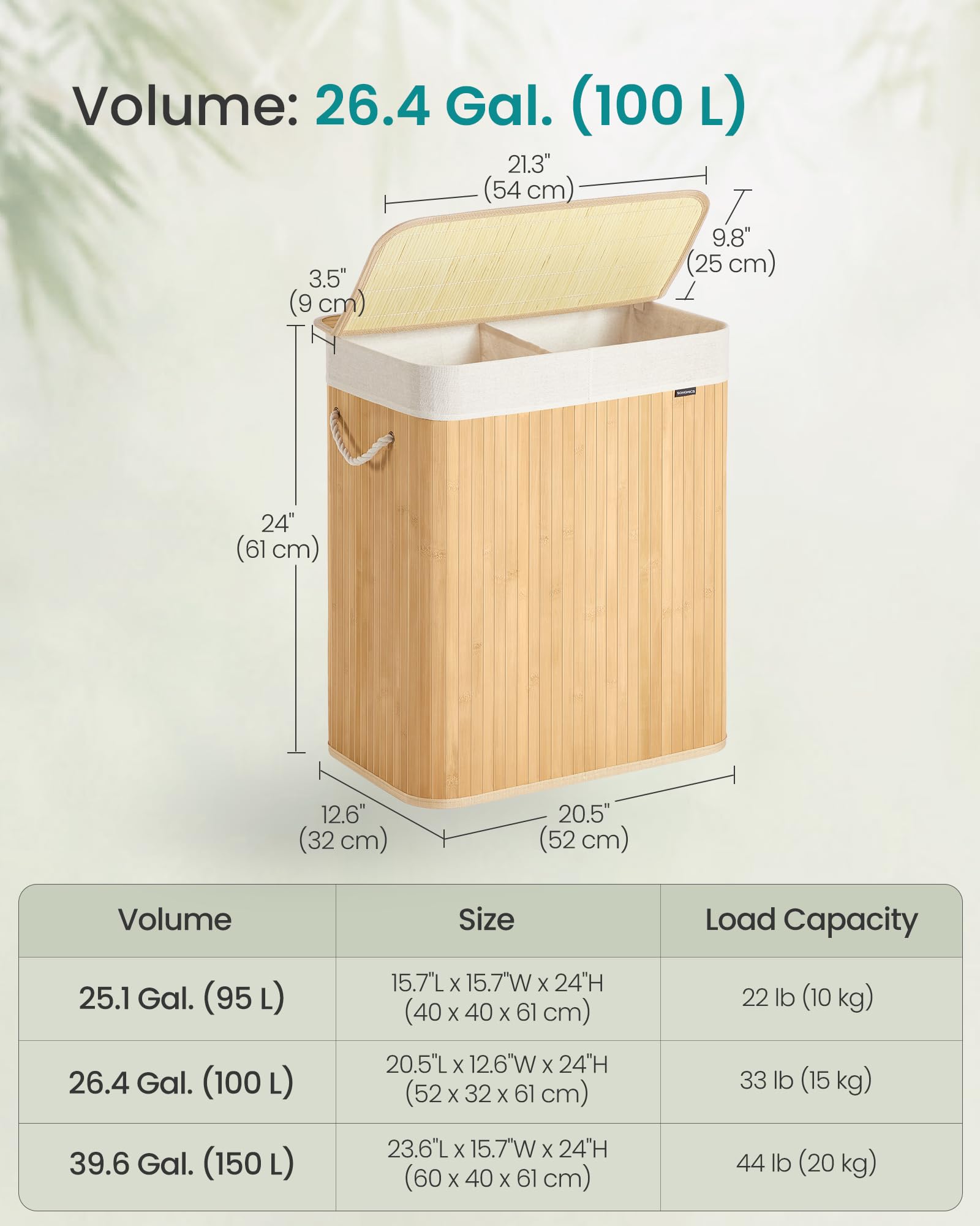 SONGMICS 100L Bamboo Laundry Basket with 2 Compartments | Foldable | Removable Washable Liner 5