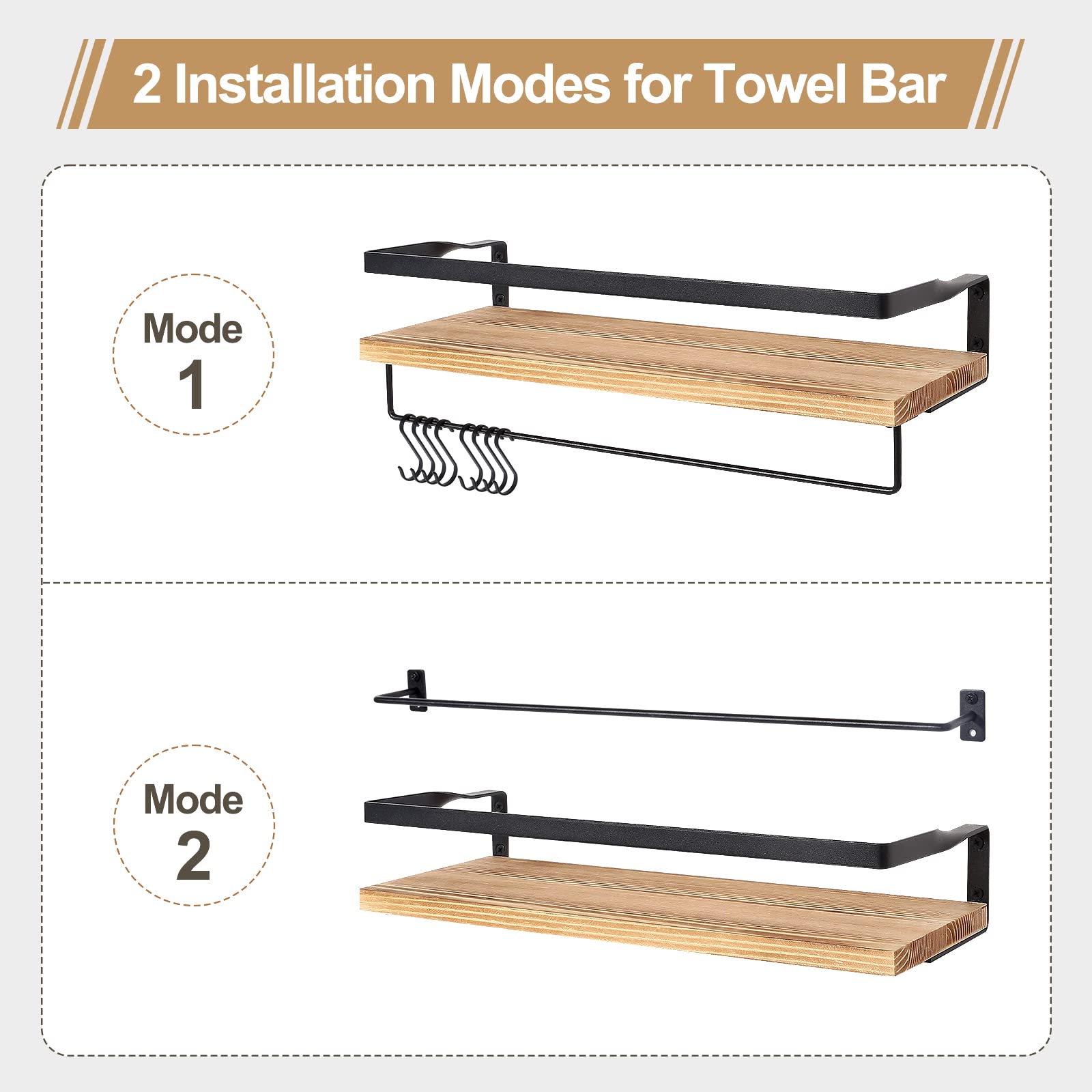 AGM Floating Shelves Wall Mounted Set of 2 Wooden Shelves for Kitchen/Bathroom Storage with Towel Bar & 8 S Hooks | Max Load 33lbs 4