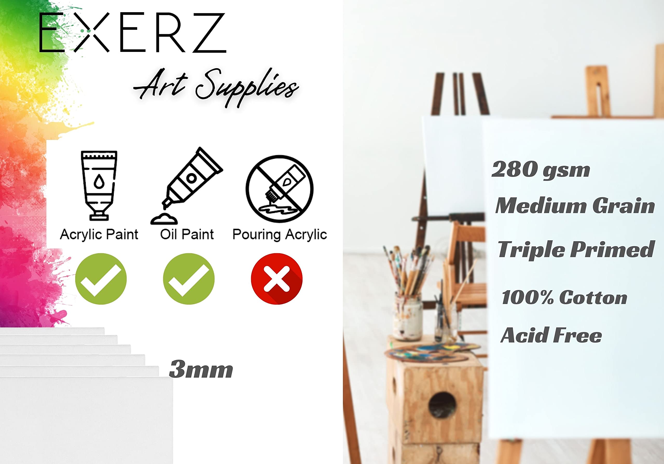 EXERZ Canvas Panels - 6 Pack 40x50cm Blank Artist Boards | 280GSM Cotton | Triple Primed 4