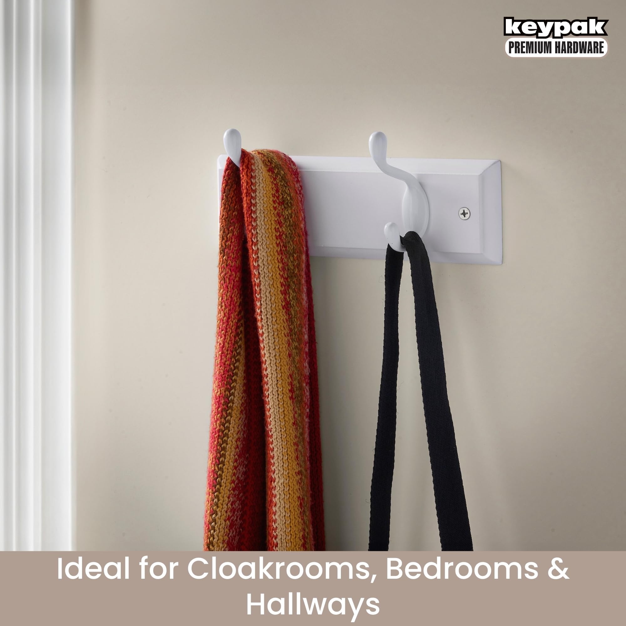 keypak 2-Hook Wall Coat Rack - White Wood Board | Holds up to 3.4kg Per Hook | Easy Install 5