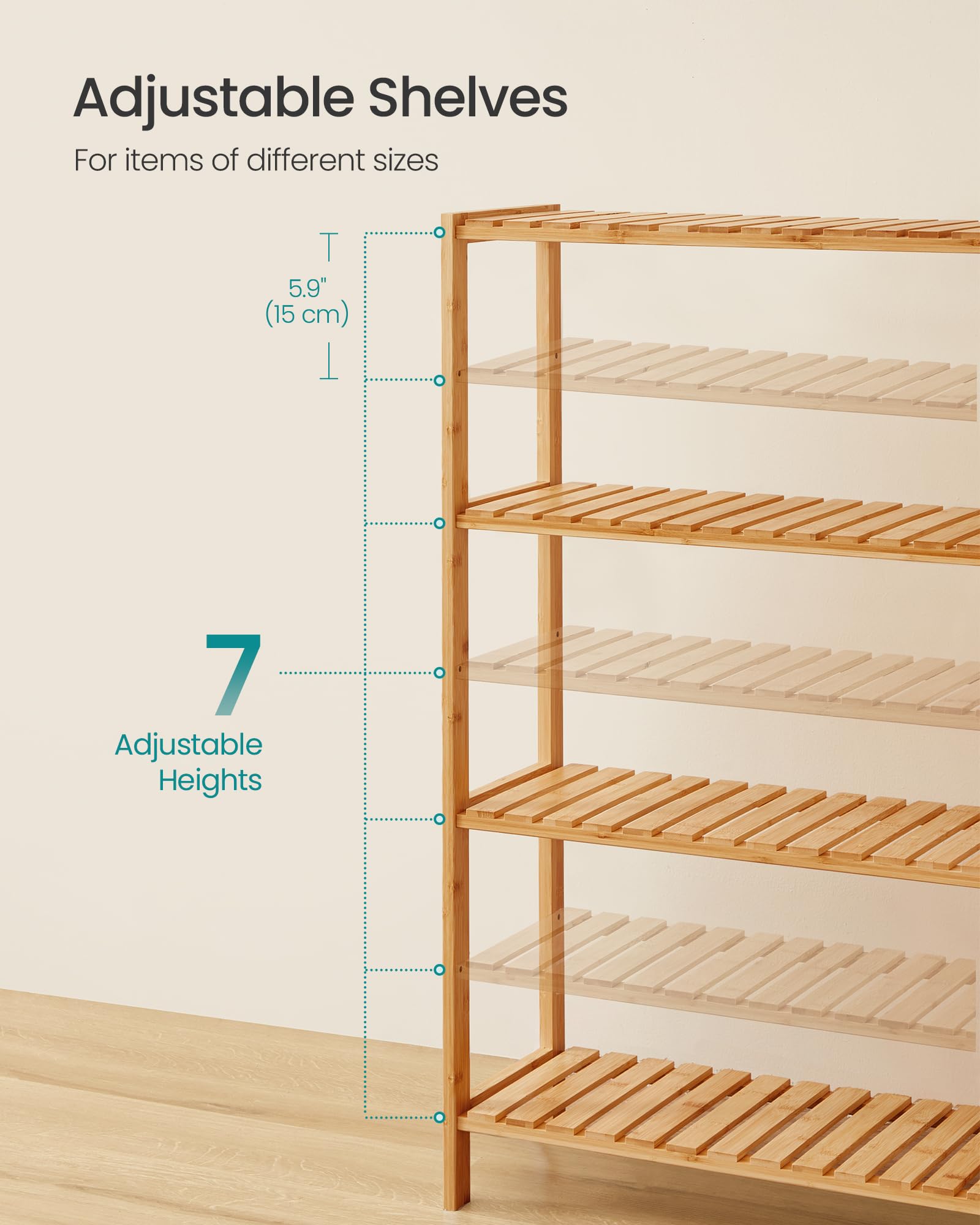 SONGMICS Bamboo Storage Shelf - 4-Tier Freestanding Unit | 60x26x100cm | Max Load 10kg/Shelf 6