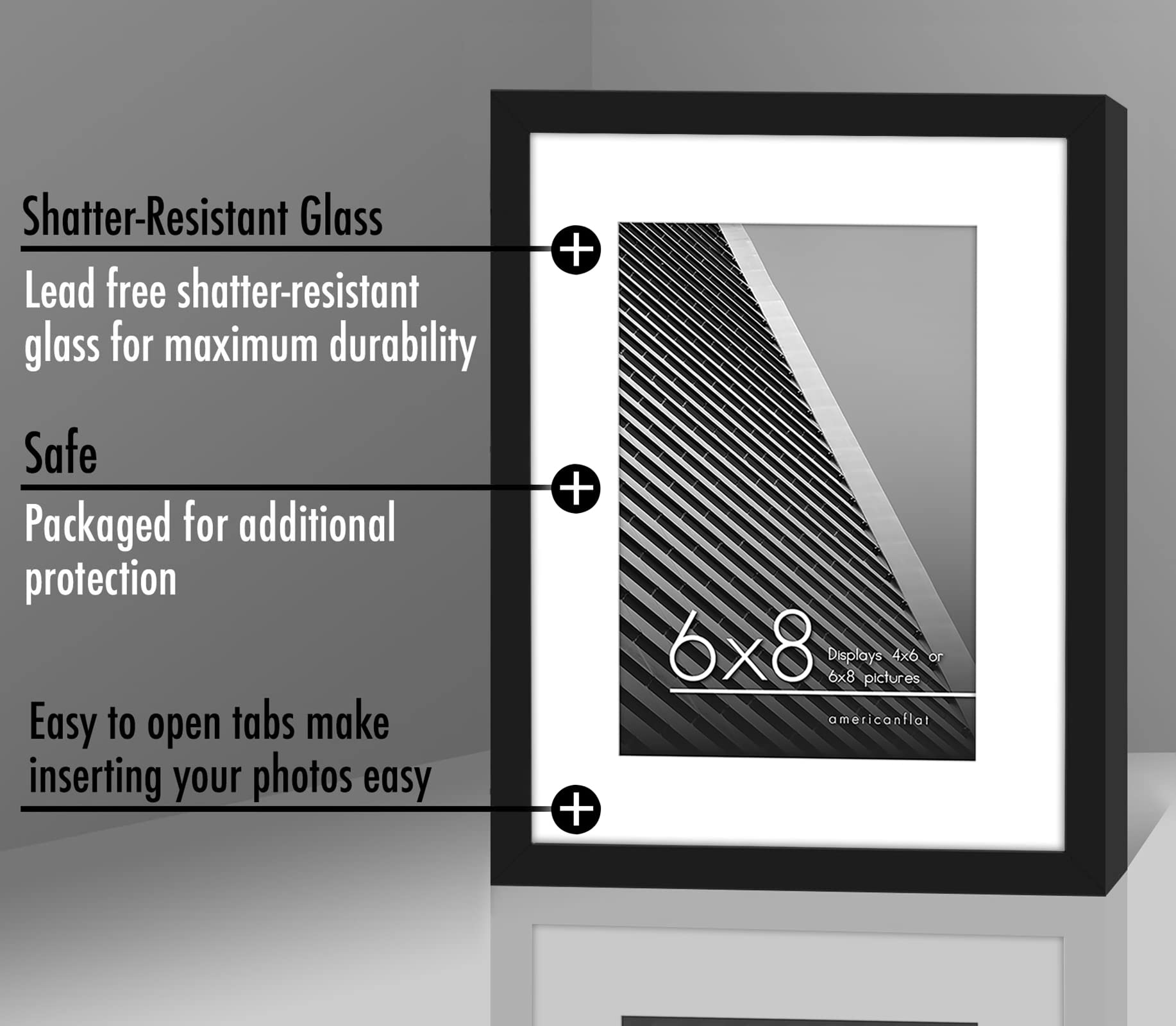 Americanflat 8x6 Black Photo Frame with 6x4 Mount | Shatter-Resistant Glass | Tabletop & Wall Mount 6