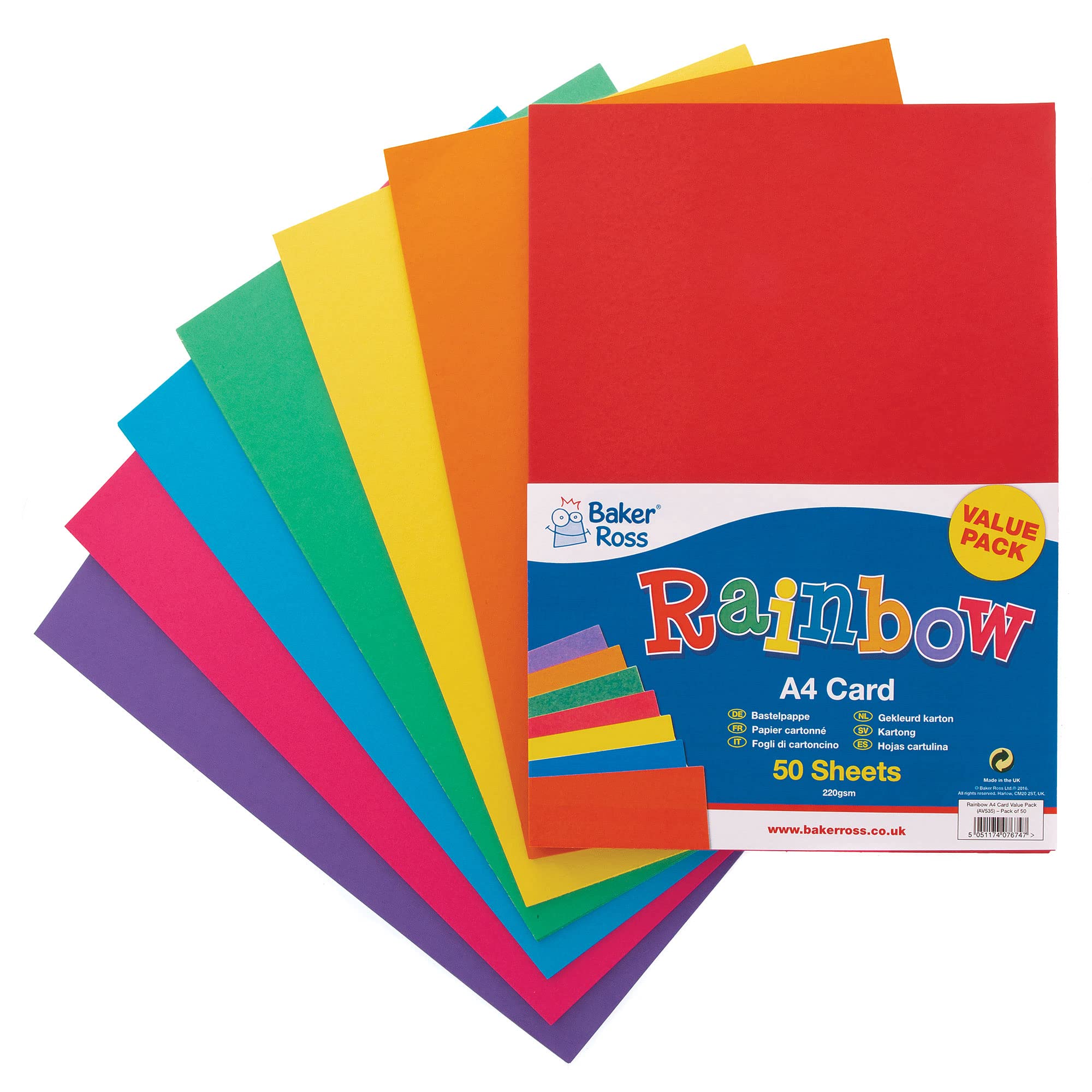 Baker Ross AV535 A4 Rainbow Coloured Card (220gsm) - Pack of 50 Sheets for Crafts 1