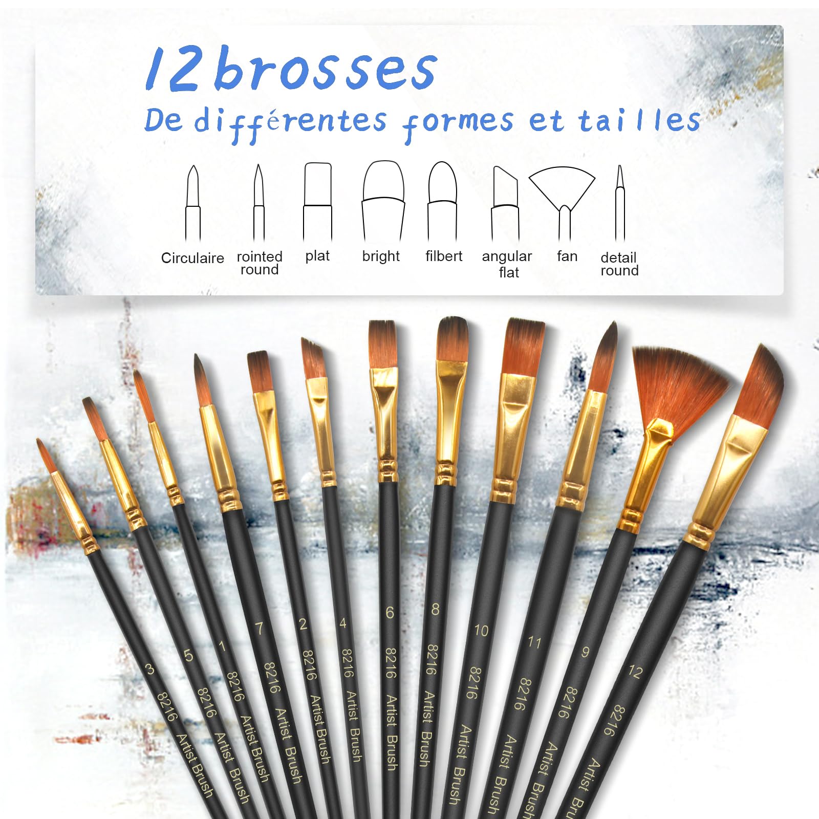 elzle Acrylic Paint Brushes Set - 12 Pcs Nylon Art Brushes with Wooden Handles for Watercolor & Oil Painting 6