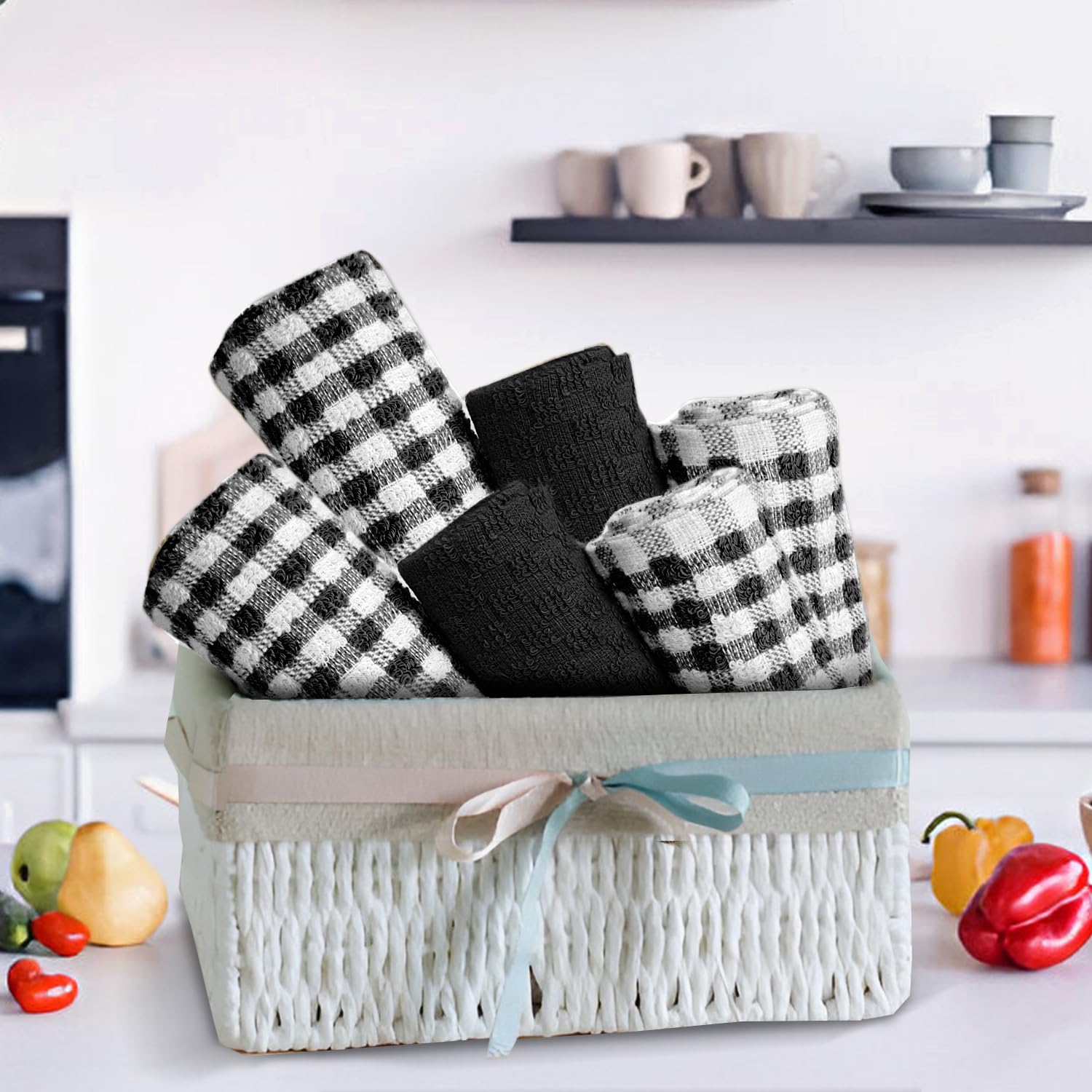 Casabella Pack of 6 Terry Cotton Kitchen Tea Towels - Black | Highly Absorbent | 45x65cm 9