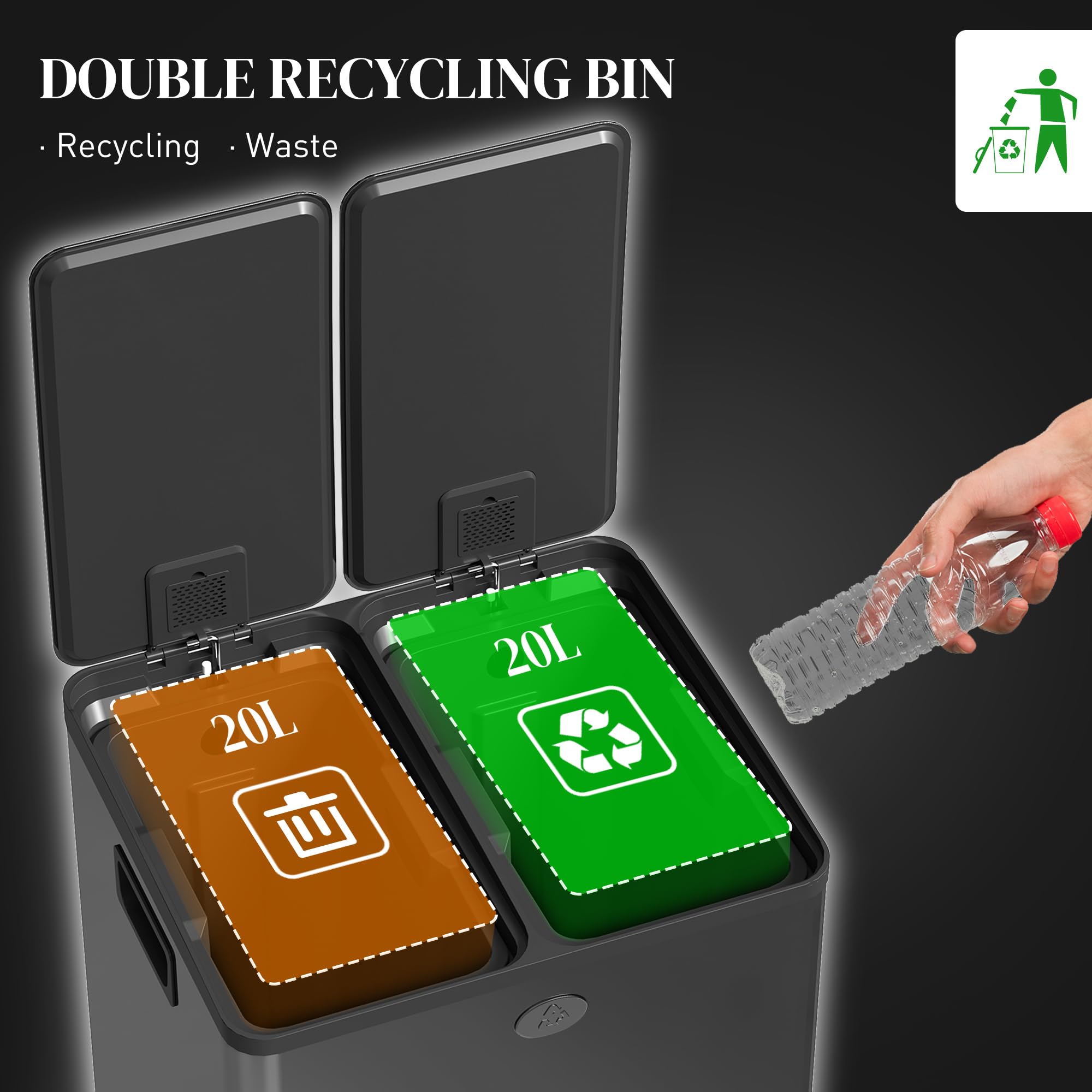 HOMCOM Dual Kitchen Recycling Bin - 2 x 20L Capacity | Stainless Steel | Pedal Opening 4