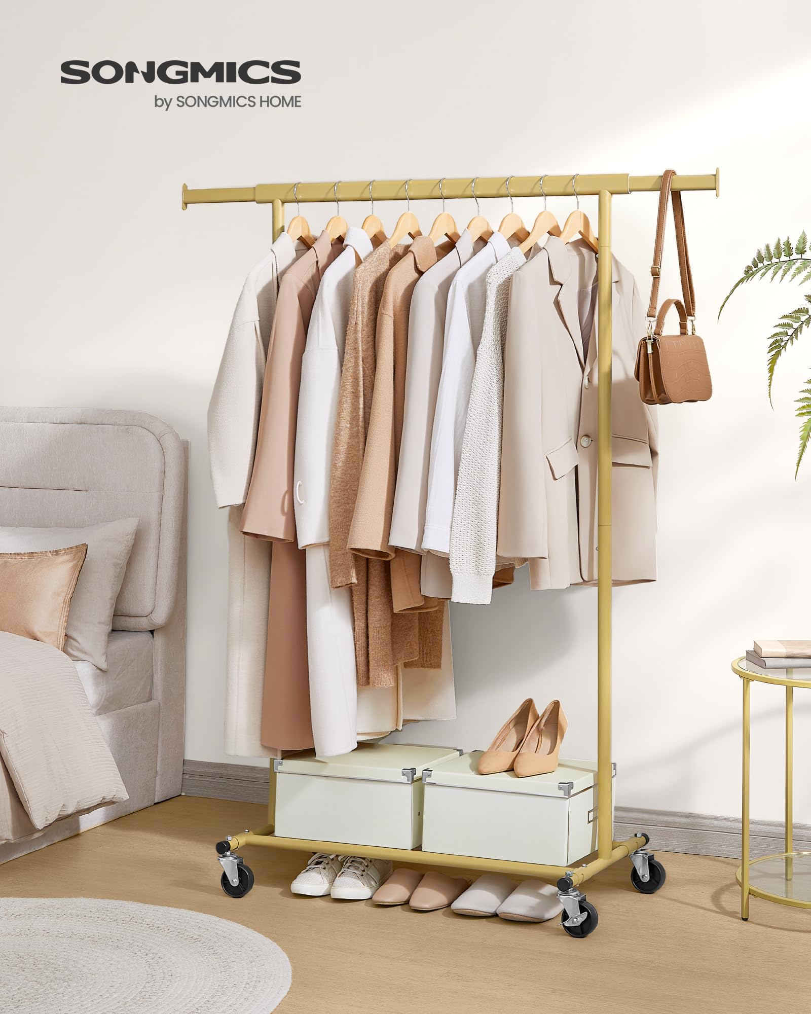 SONGMICS Heavy Duty Clothes Rack on Wheels | 100 kg Capacity | Extendable Rail (92-132 cm) | Pale Gold 2