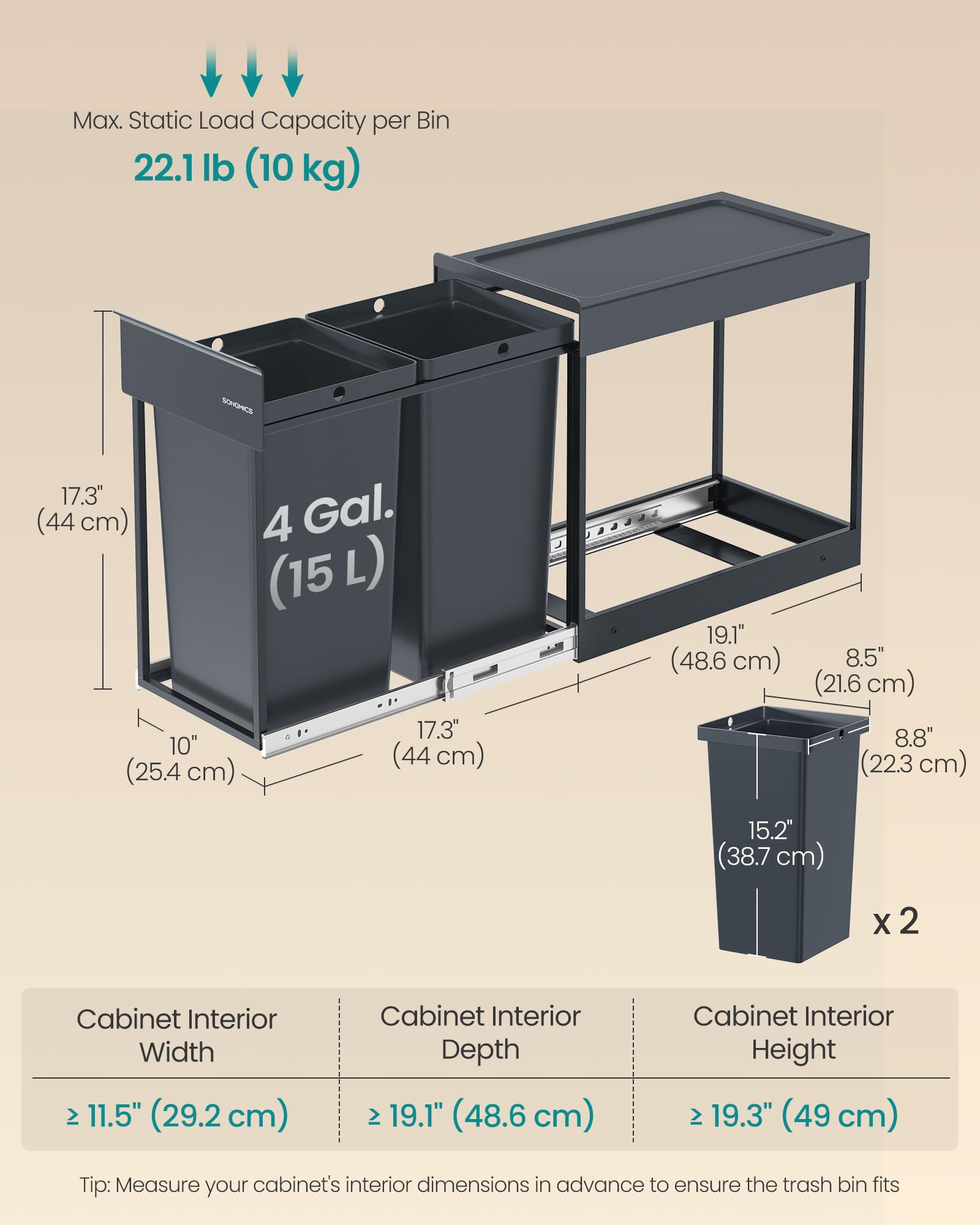 SONGMICS Pull-Out Kitchen Bin - Dual 15L Capacity | Built-in Cabinet Mount | Grey 4