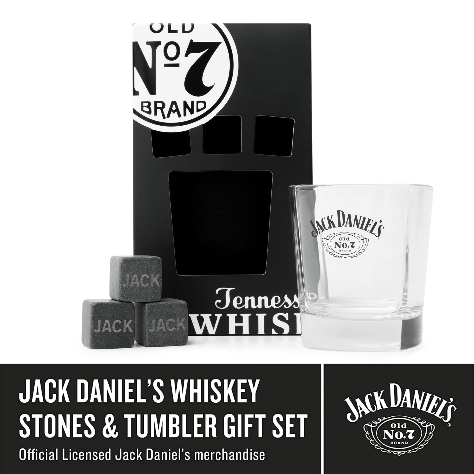 BEAMS INTERNATIONAL Jack Daniels Whiskey Stones and Glass Gift Set | 1 Glass, 3 Stones | 330ml/11oz