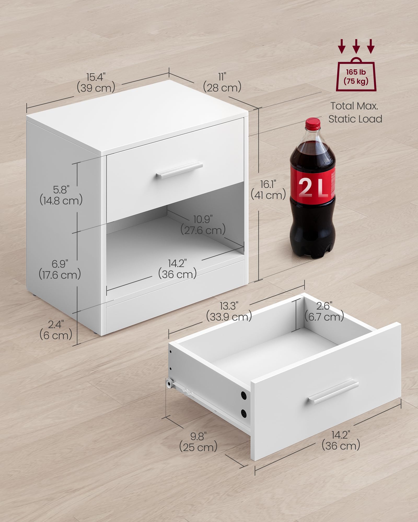 VASAGLE Bedside Tables - Set of 2 Side Tables with Drawer | Classic White | 28 x 39 x 41 cm 6