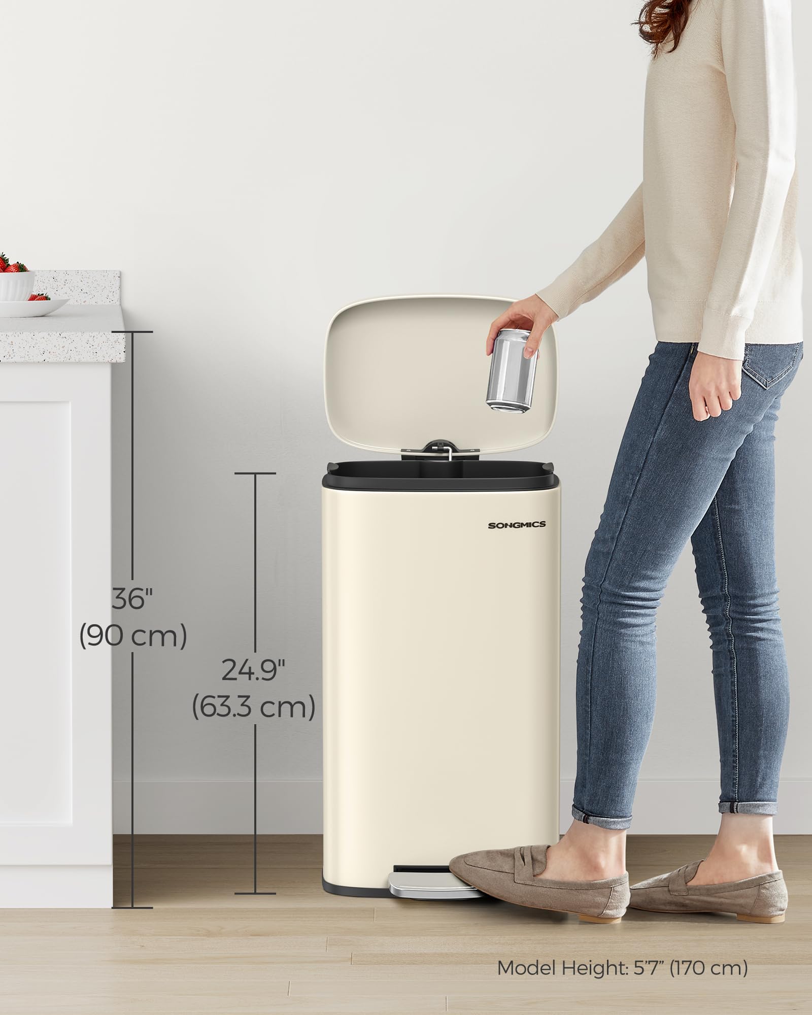 SONGMICS 30 L Kitchen Bin - Soft Close Pedal Operation | Sand Beige Steel 8