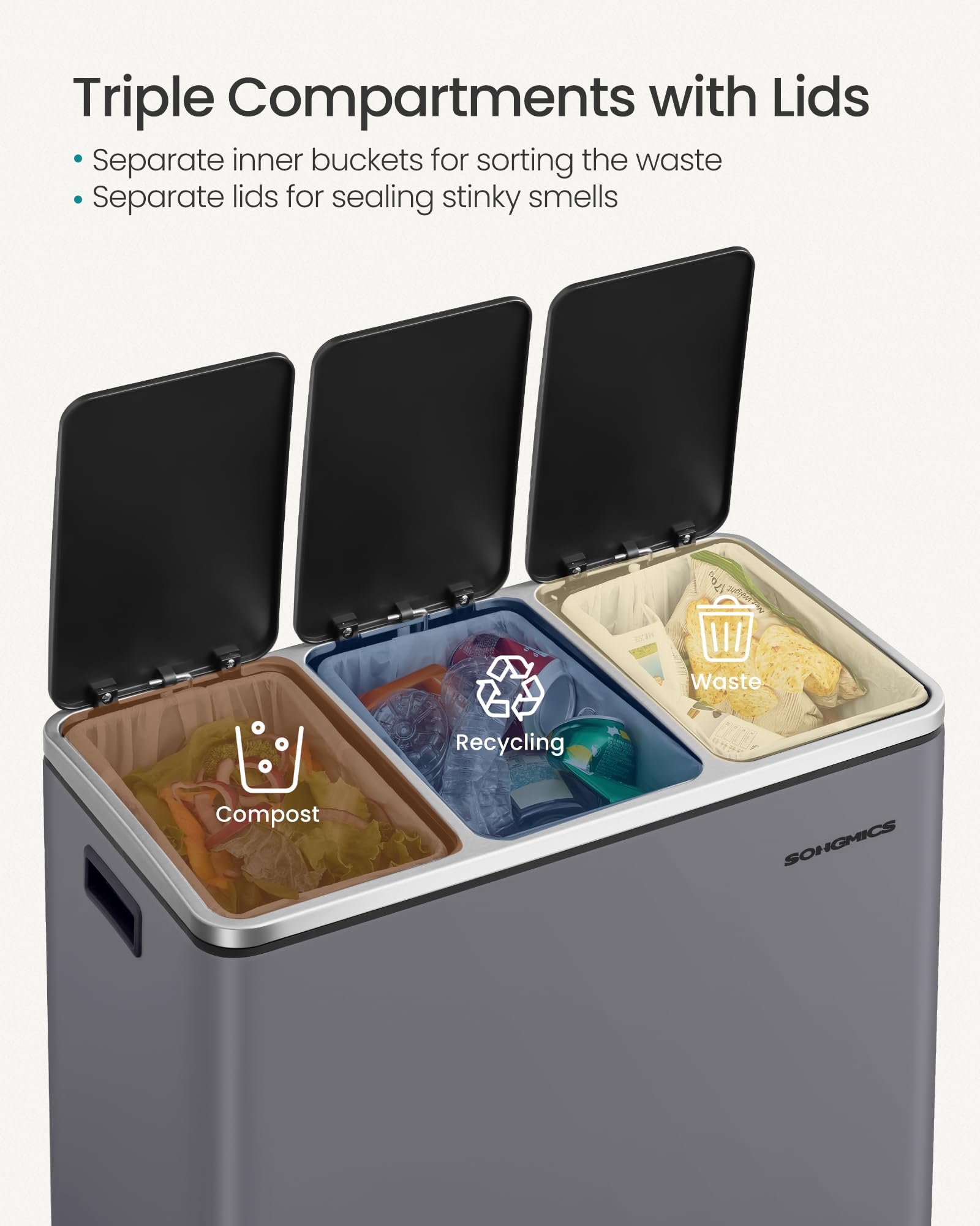 SONGMICS Kitchen Bin - 3 x 18 L Recycling Bin | Steel, Matte Grey | Soft-Close Lids 4