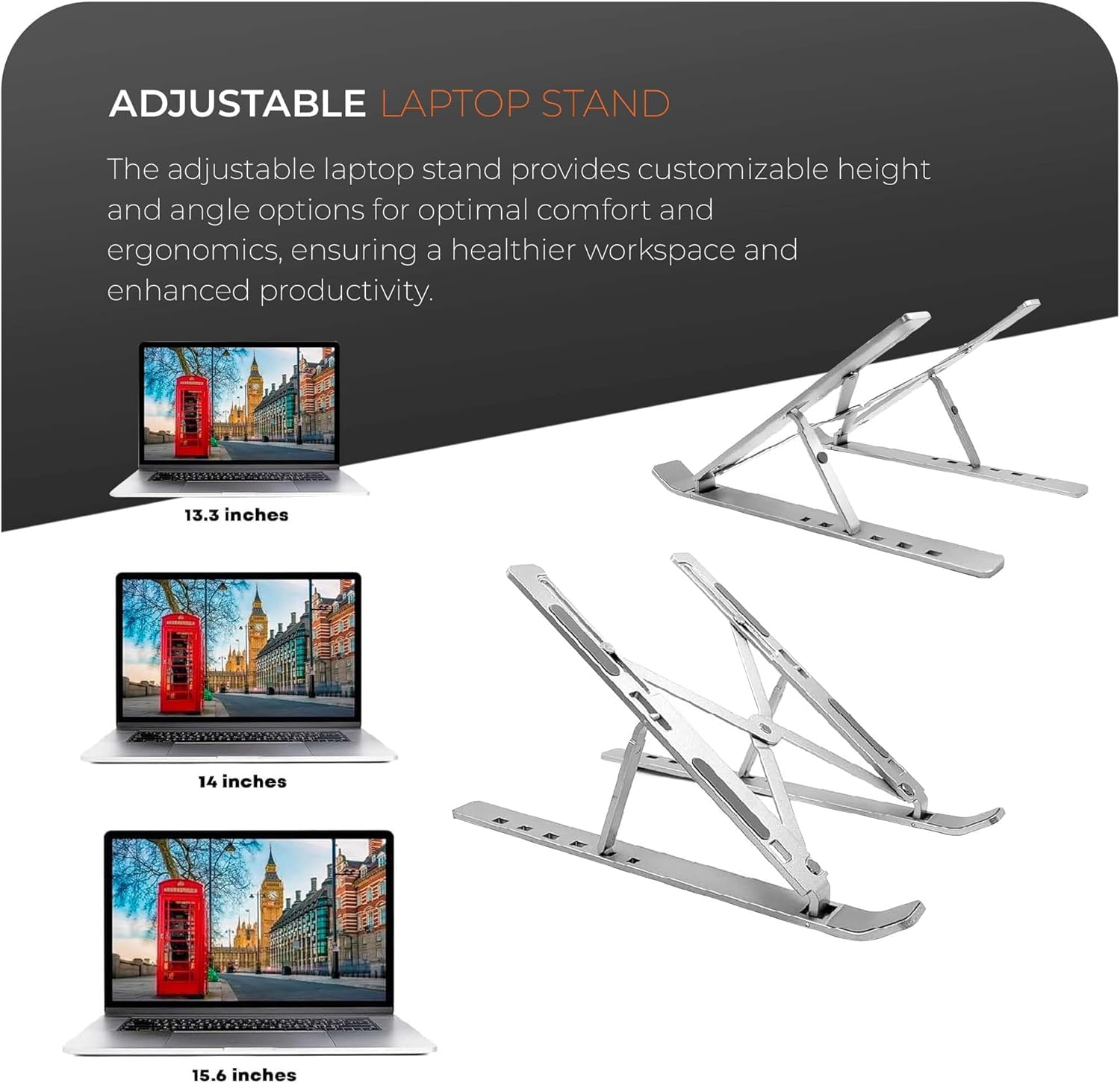 Roe Tenpo Adjustable Laptop Stand for Desk - 6-Angle Riser, Aluminum Alloy, Silver 7