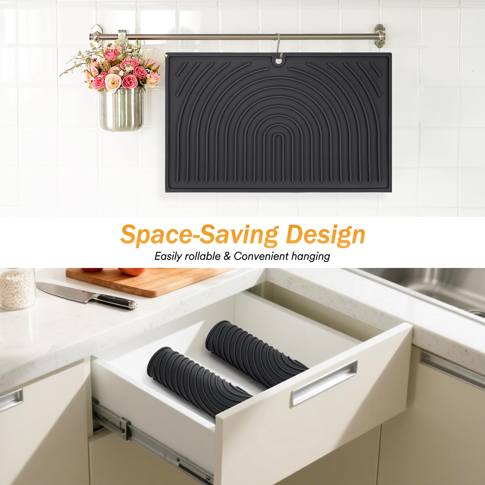 Euqvunn Silicone Dish Drying Mat - Heat Resistant up to 430°F | Medium 42.8 x 33.8 cm | Black 4