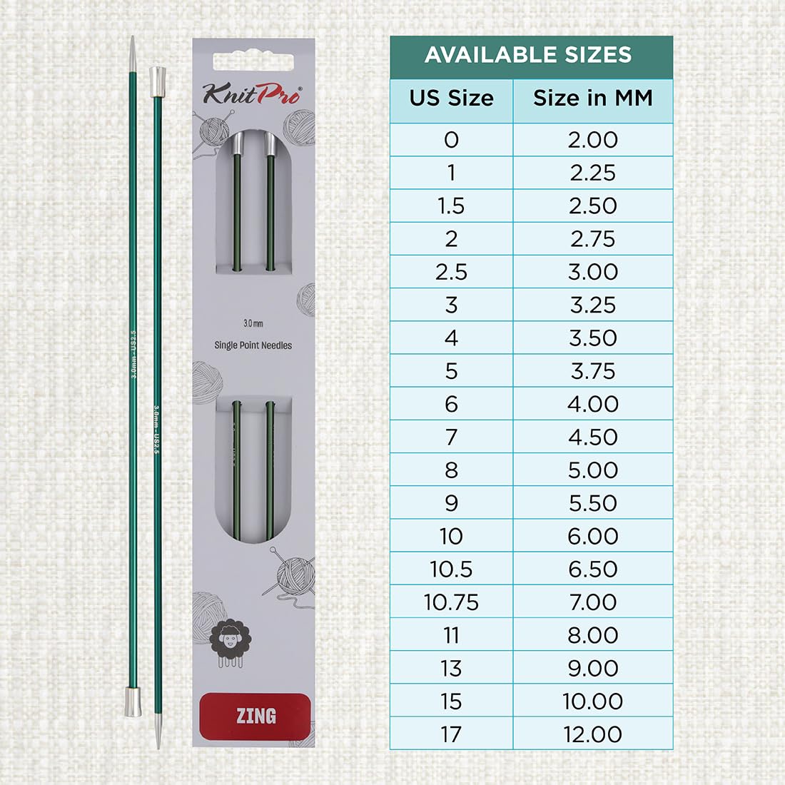 KnitPro Zing Single Pointed Knitting Needles - 3.00mm Size | 25cm Length | Lightweight Aluminium 4