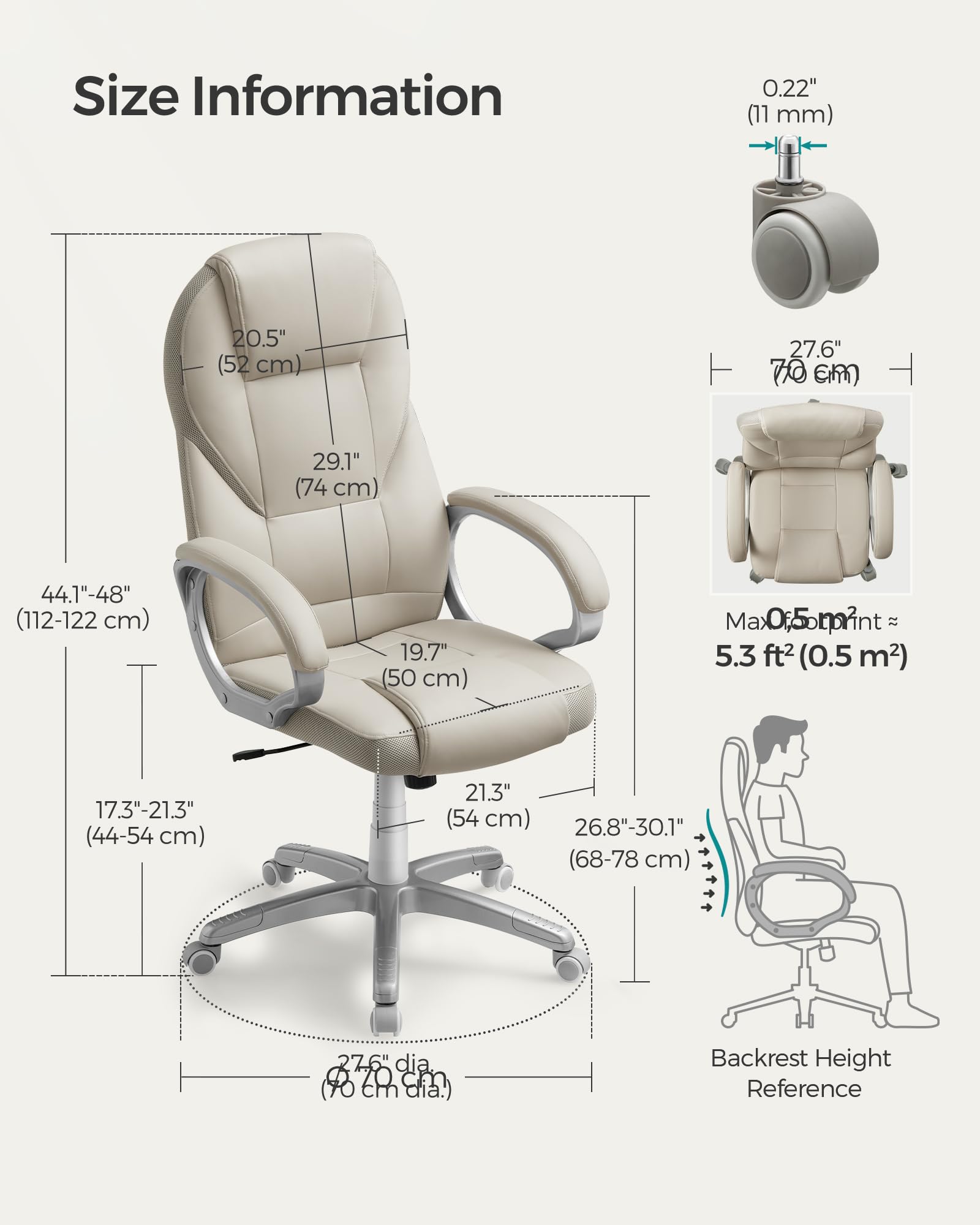 SONGMICS Ergonomic Swivel Desk Chair - Adjustable Height, Silent Castors, Cream White | OBG022W11 3