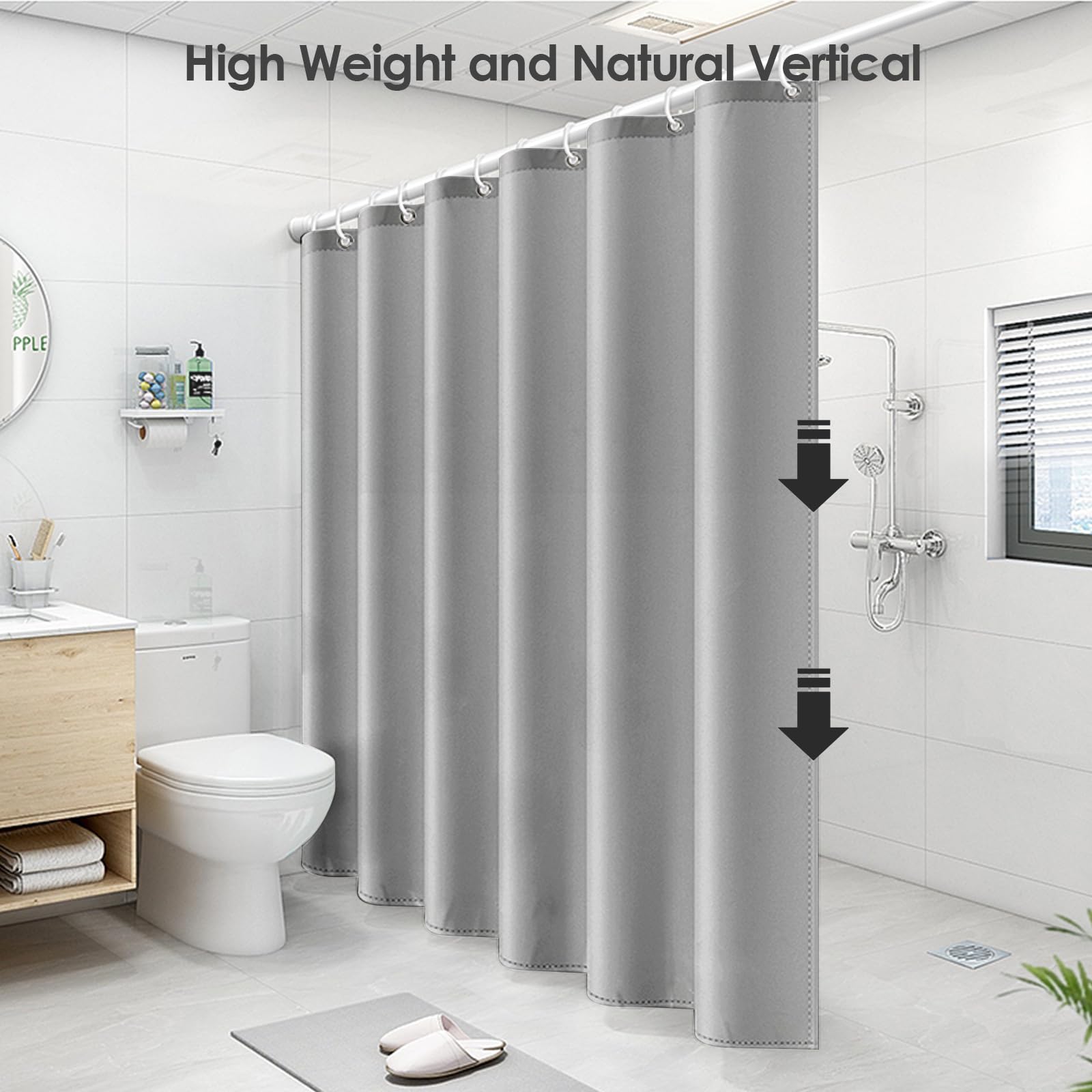 Vinabo Grey PEVA Shower Curtain - 180 x 200 cm Waterproof & Quick Drying | Includes 12 Hooks 3