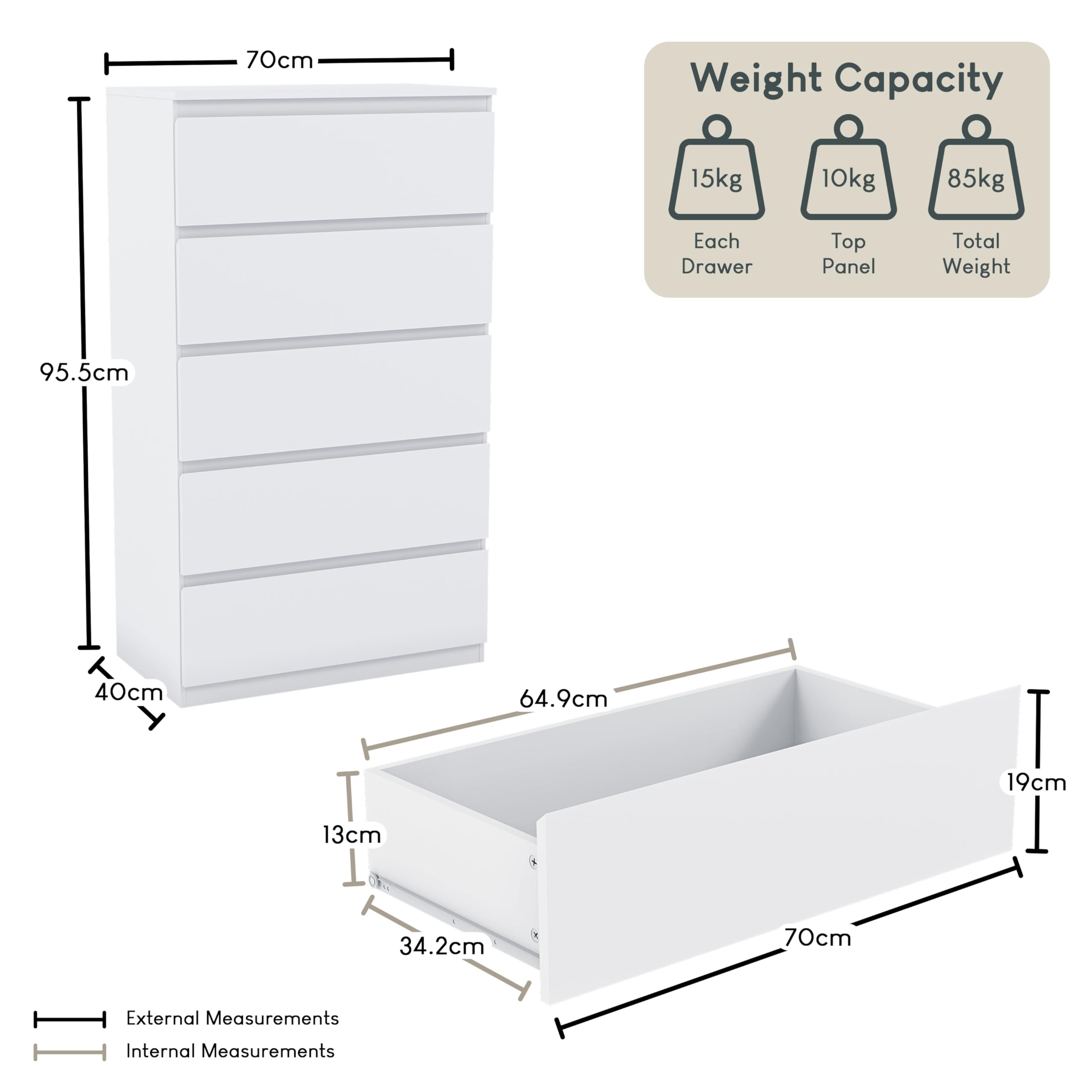 Vida Designs Denver 5 Drawer Chest of Drawers - White | 40D x 70W x 112H cm 2