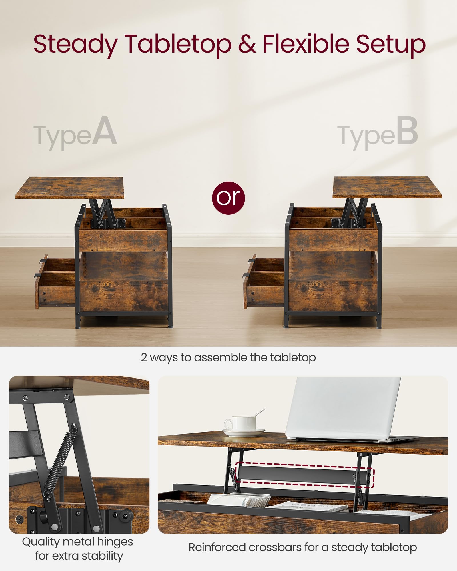 VASAGLE Lift Top Coffee Table - Storage Drawers | Rustic Brown + Ink Black | 100cm Wide 6
