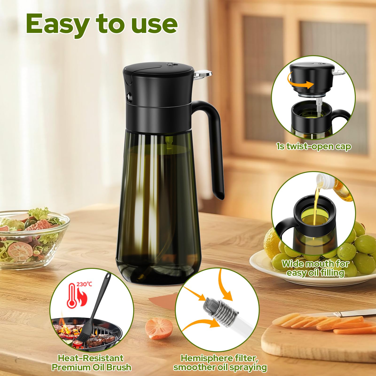 Euqvunn 2-in-1 Oil Spray Bottle with Basting Brush - 580ml Light-Proof Glass 5