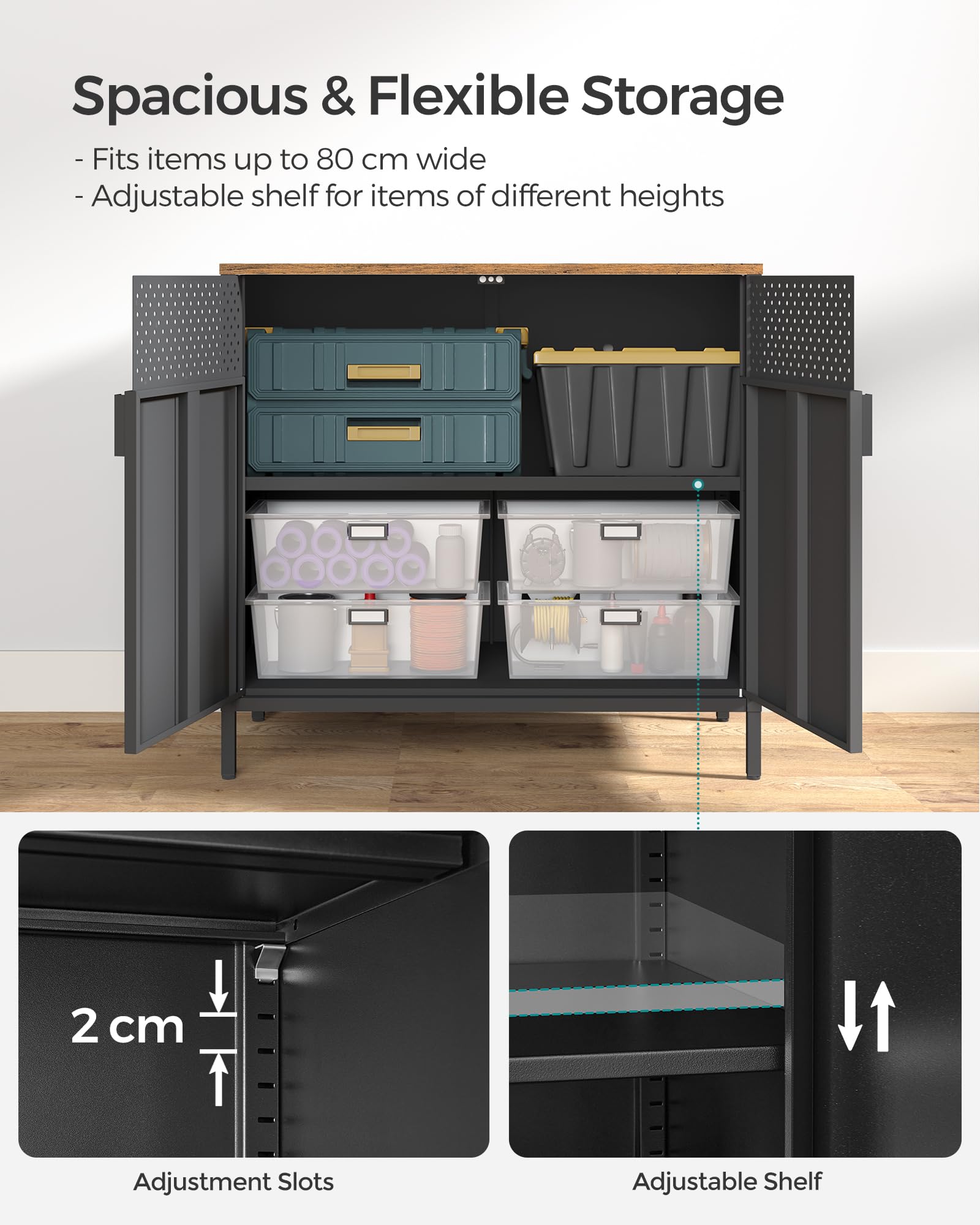 SONGMICS Storage Cabinet - Rustic Brown/Black Metal Cabinet with Adjustable Shelf | 80W cm 5