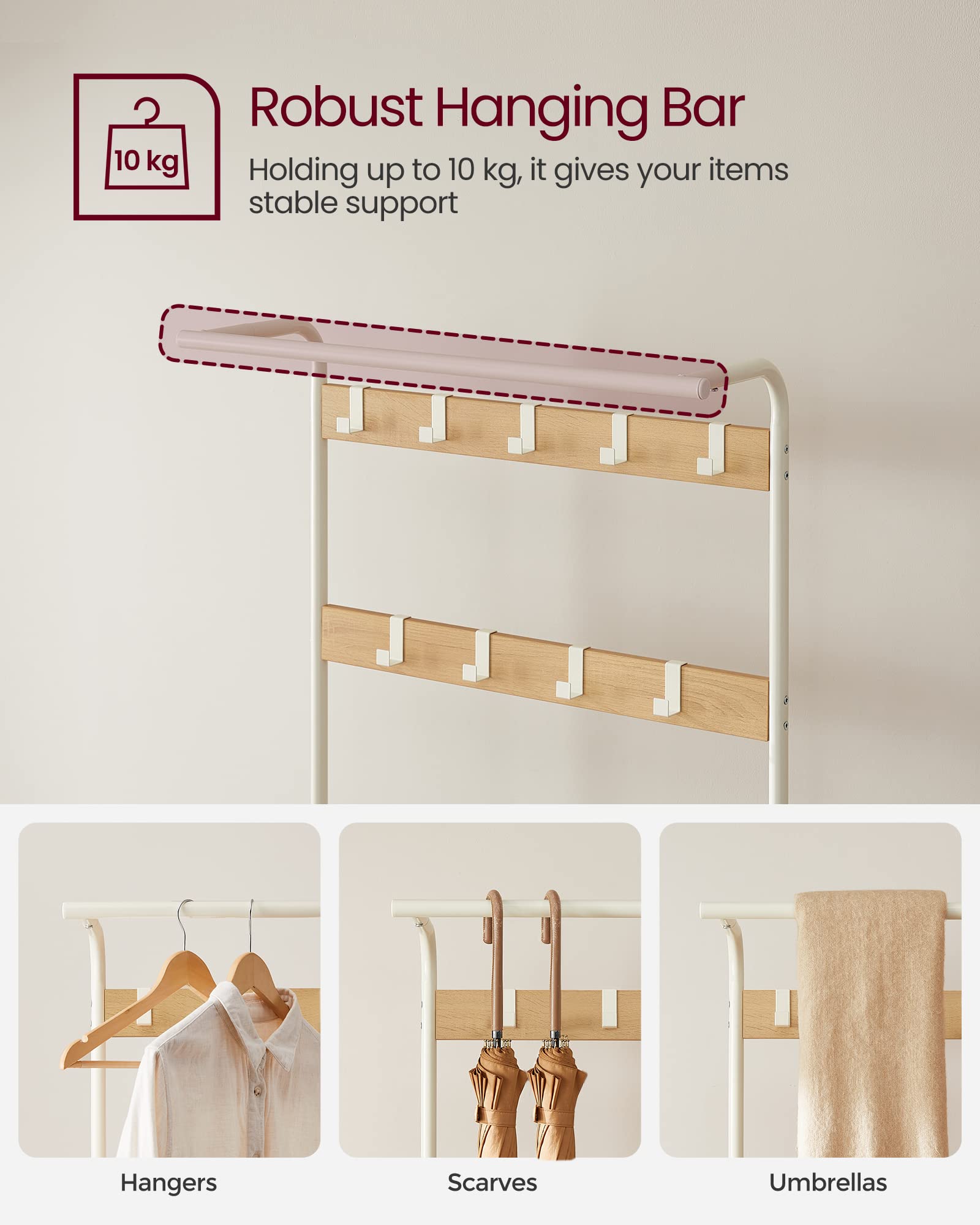VASAGLE 4-in-1 Coat Rack with Shoe Storage Bench | 9 Removable Hooks | Industrial Oak & Cream | 72 x 33.7 x 183 cm 4
