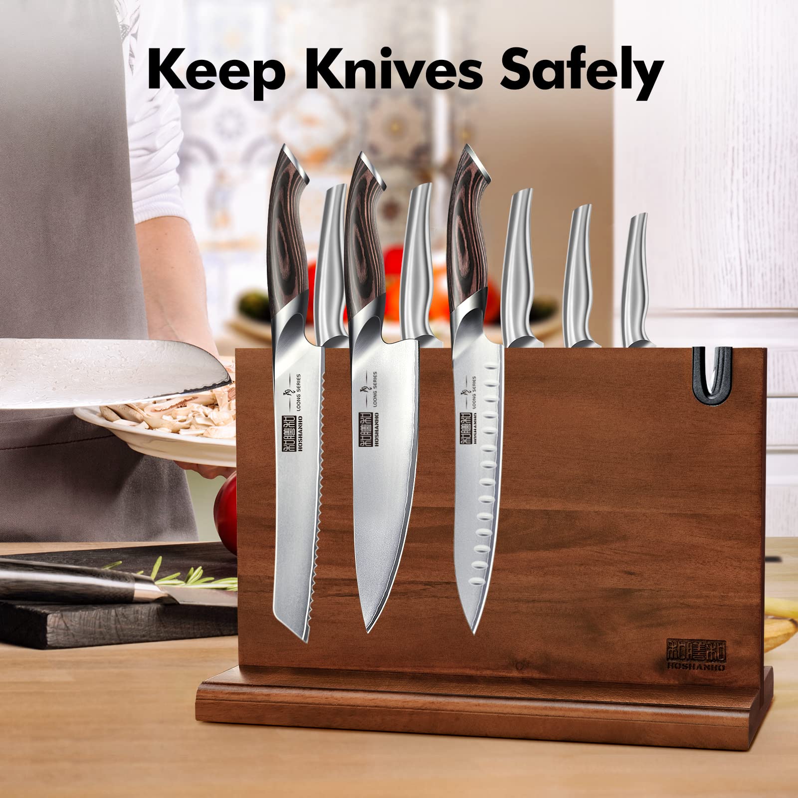 HOSHANHO Magnetic Knife Block - Double Sided, 14x10 Inches, Acacia Wood | Includes Whetstone 7