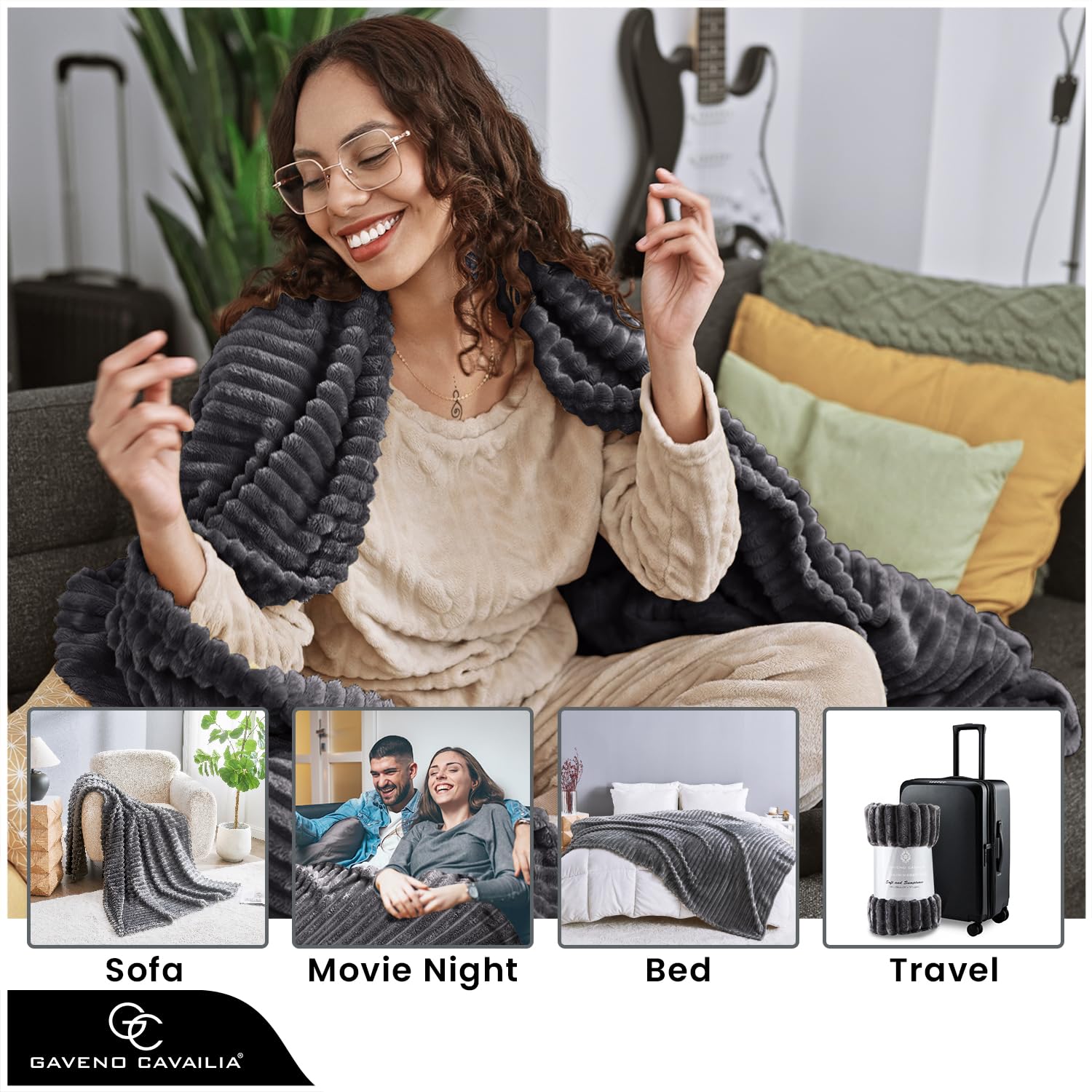 GC GAVENO CAVAILIA Ribbed Fleece Throw Blanket - Charcoal | King Size 200x240 cm | 100% Polyester 5