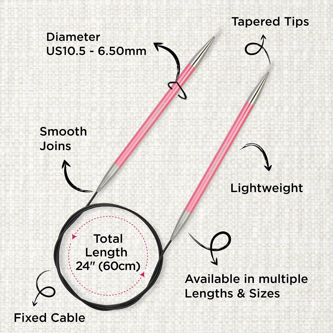 KnitPro Zing Fixed Circular Knitting Needles - 80cm Length, 6.50mm Size, Aluminium 3