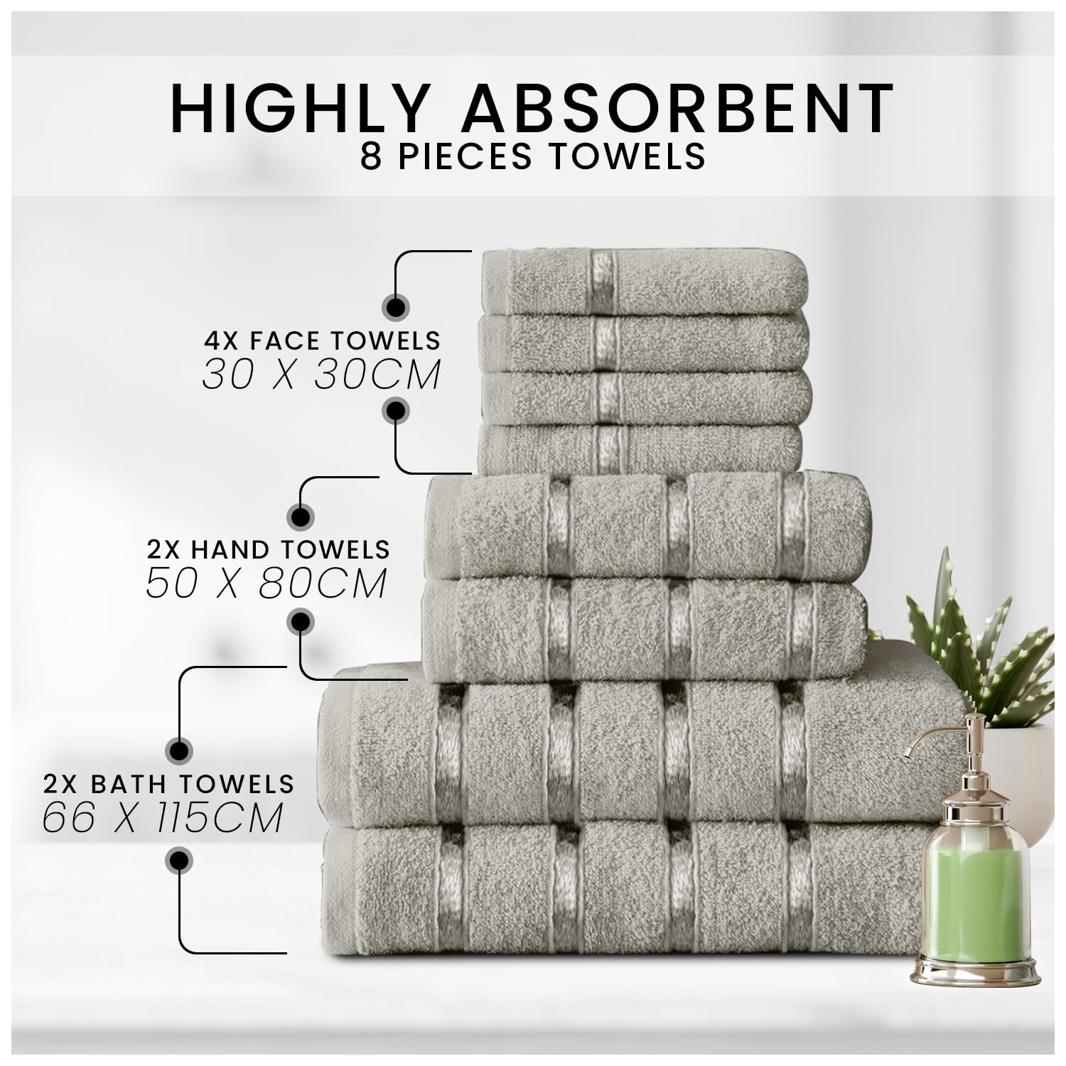 GC GAVENO CAVAILIA 8 Piece Towel Set - 450 GSM, Silver, 100% Cotton | 2 Bath, 2 Hand, 4 Face Towels 2