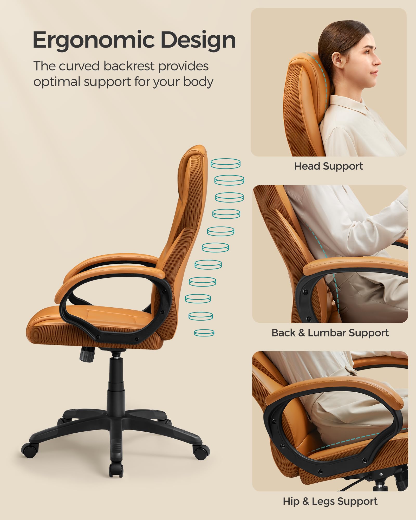 SONGMICS Ergonomic Swivel Desk Chair - Adjustable Height, Silent Castors, Caramel Brown | Max Load 150 kg 5