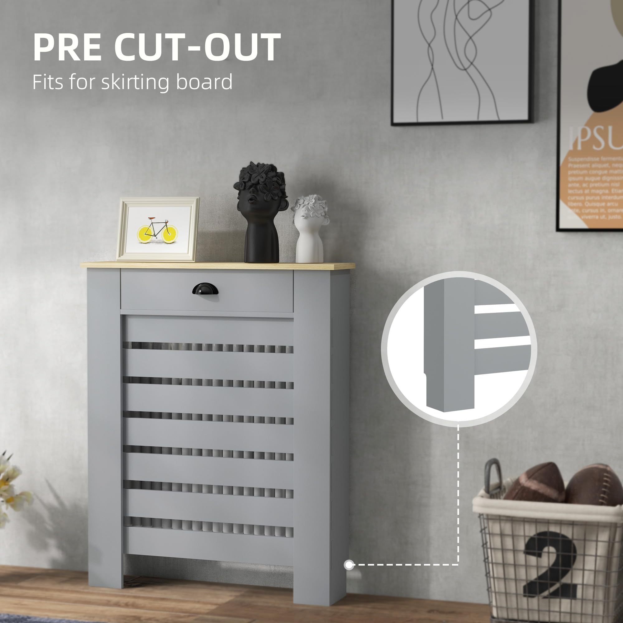 HOMCOM Radiator Cover with Drawer - Horizontal Slatted Grill, Grey Painted M | 78W x 95.5H cm 4