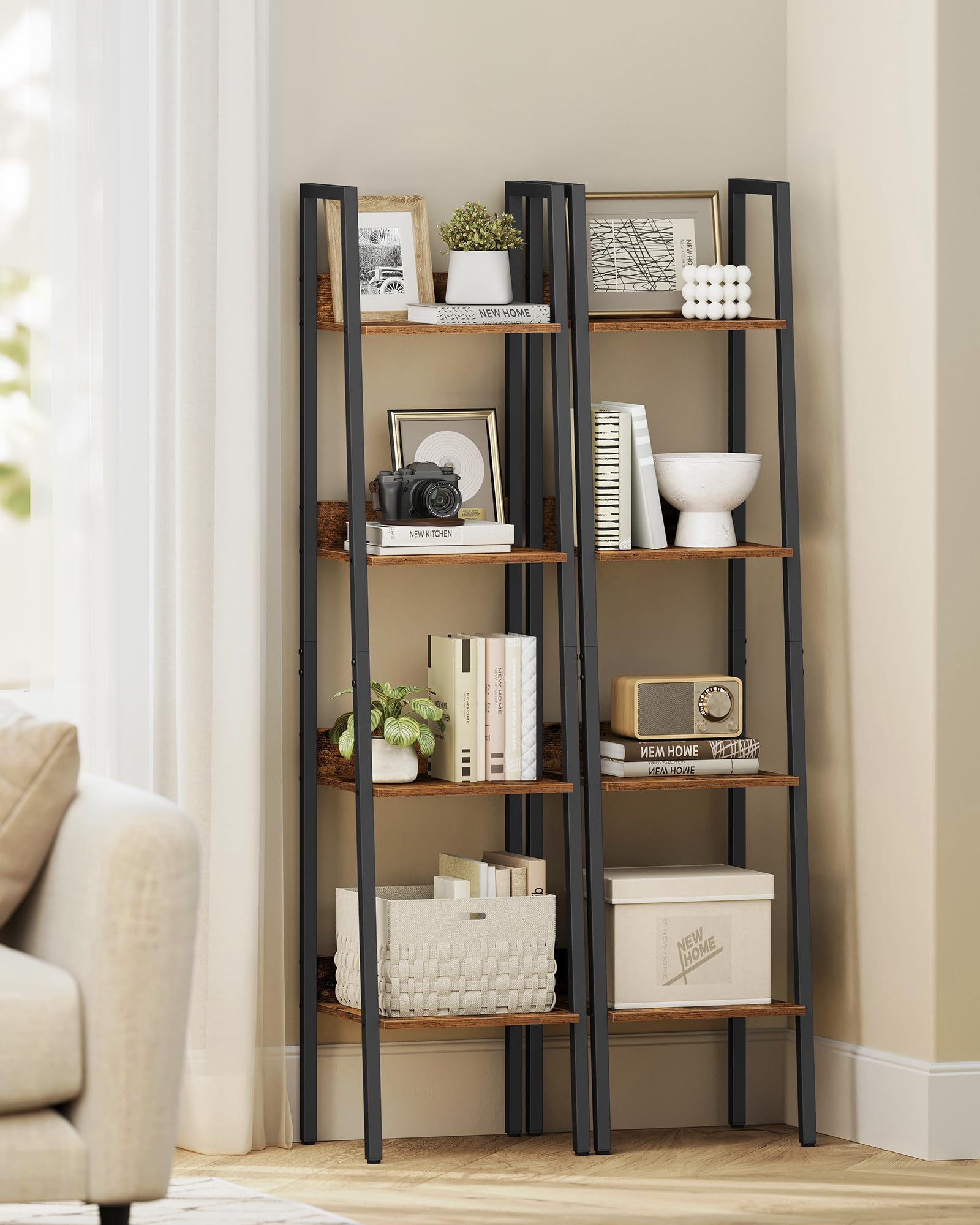 VASAGLE 4-Tier Ladder Shelf Bookcase - Industrial Rustic Brown & Black | Steel Frame | 10kg Max Load 7