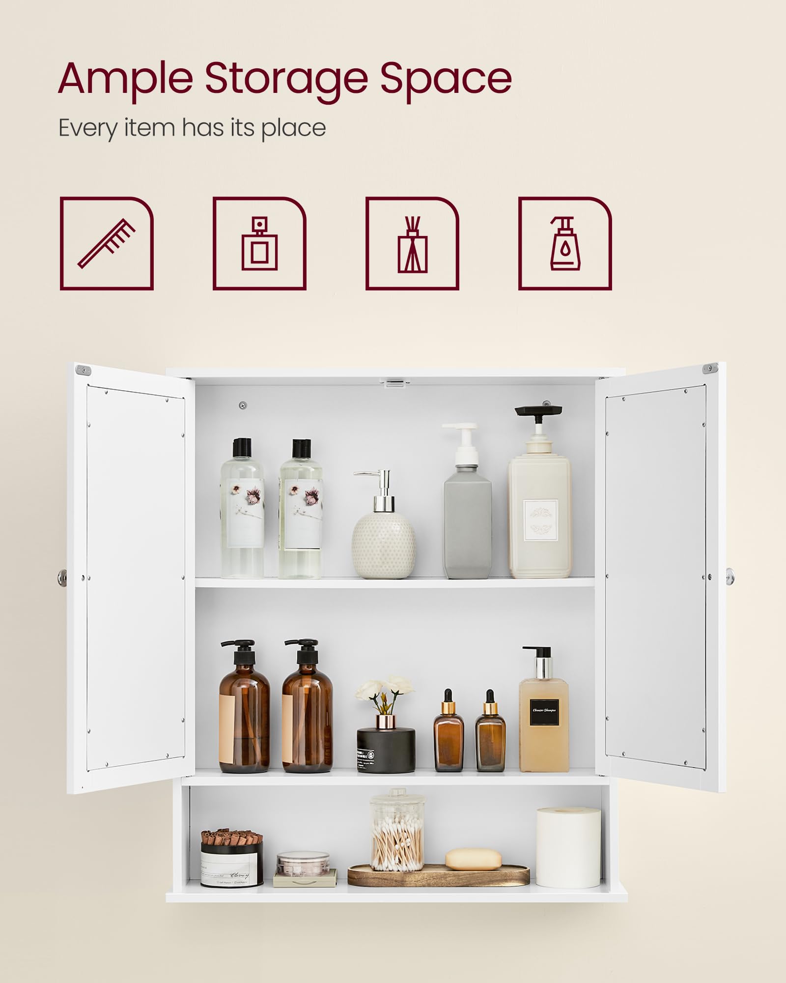 VASAGLE Bathroom Mirror Cabinet with 2 Mirrored Doors and Adjustable Shelf | White | 15 x 65 x 75 cm 5
