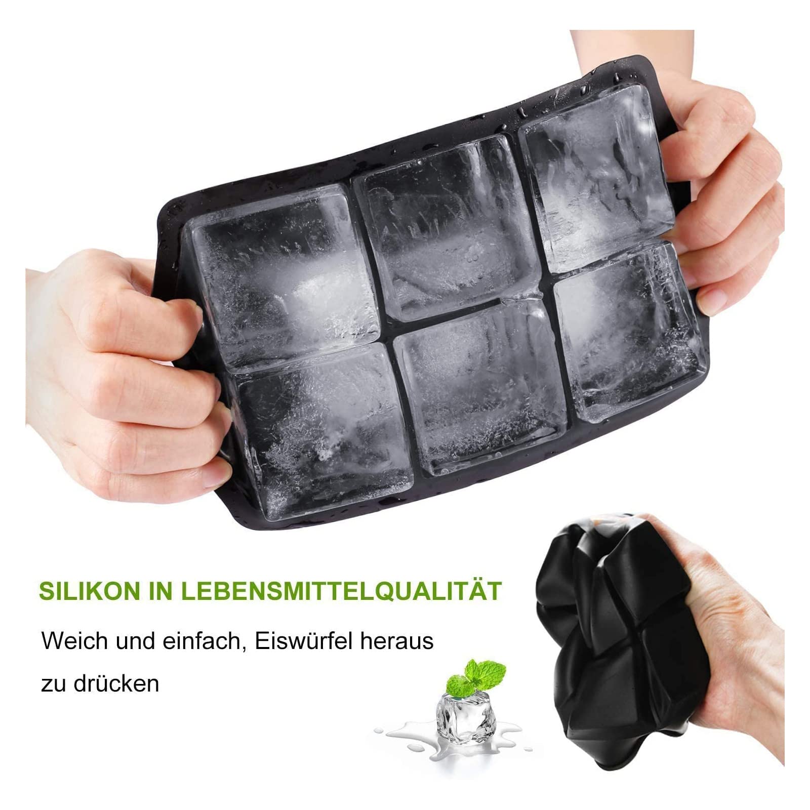 LUCKEA Silicone Ice Cube Mould & Tray Set (2 Pcs) - Large 1.9" Cubes & Ice Ball Maker with Funnel, Black 3
