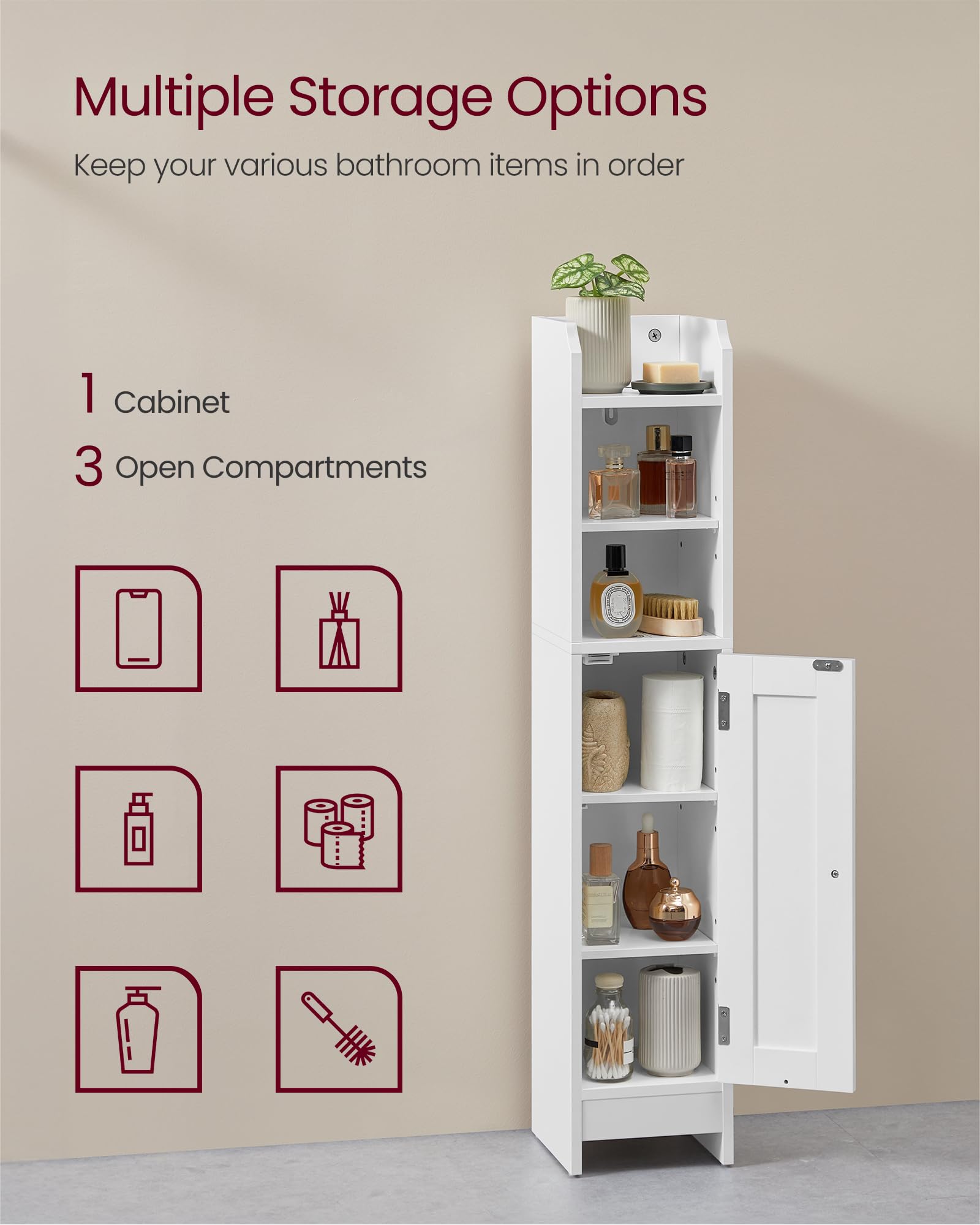 VASAGLE Slim Bathroom Floor Storage Cabinet - 92H cm Tall, Adjustable Shelves, Cloud White 4