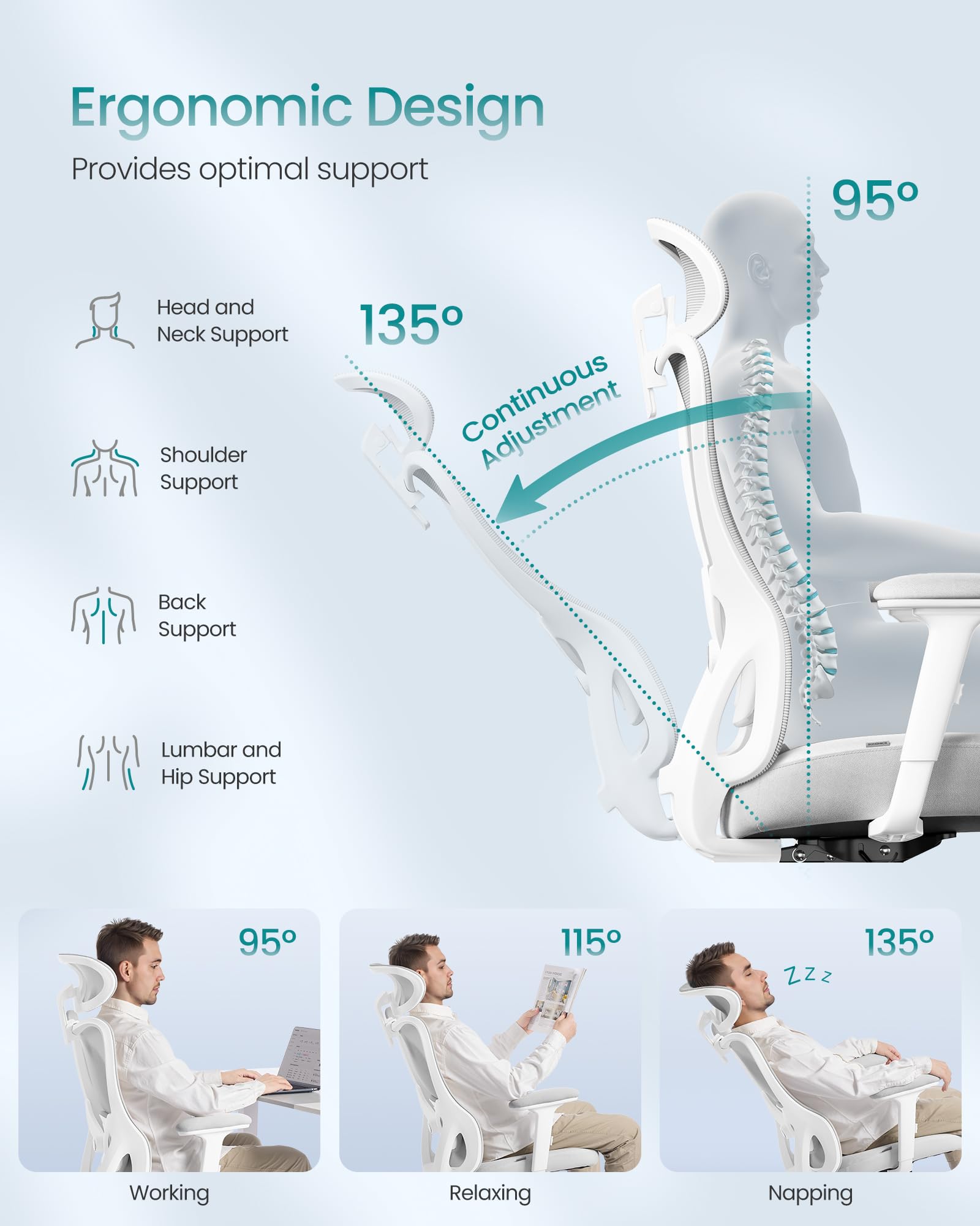 SONGMICS Ergonomic Office Chair - Adjustable Lumbar Support | Recline 95°-135° | Dove Grey 4