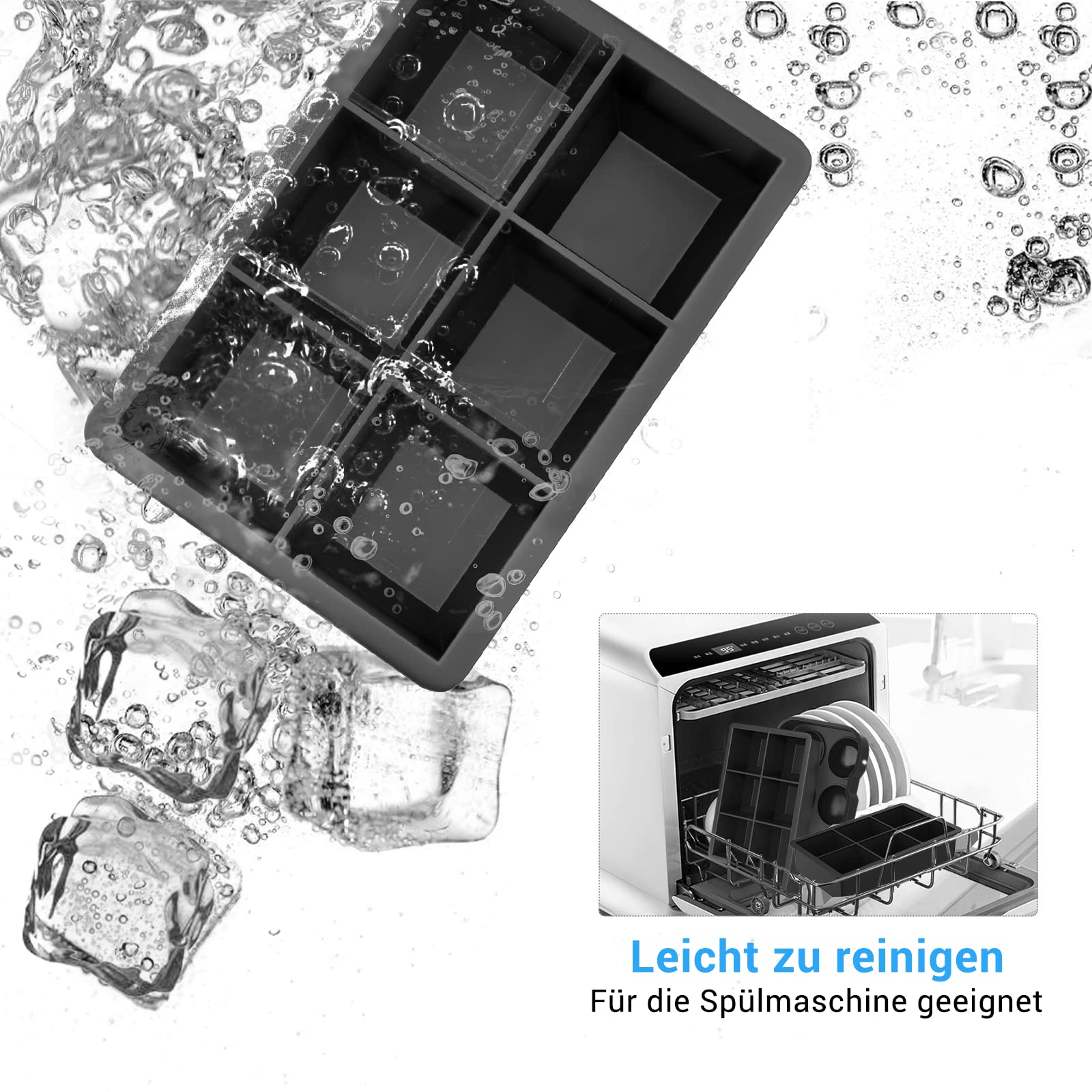 LUCKEA Silicone Ice Cube Mould & Tray Set (2 Pcs) - Large 1.9" Cubes & Ice Ball Maker with Funnel, Black 5