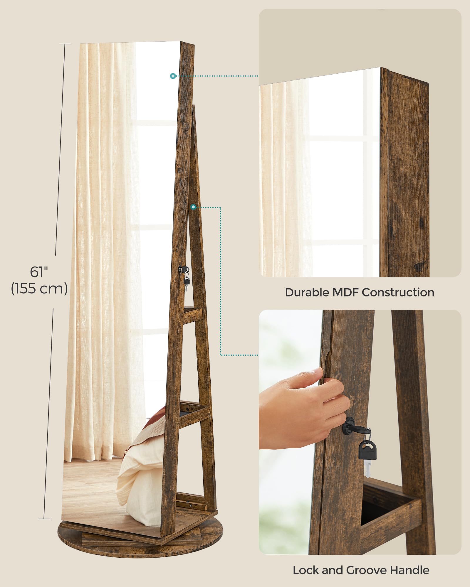 SONGMICS Lockable Full-Length Mirror Jewellery Cabinet - 6 LEDs, 360° Swivel, Rustic Brown | 54.5 x 162 cm 9