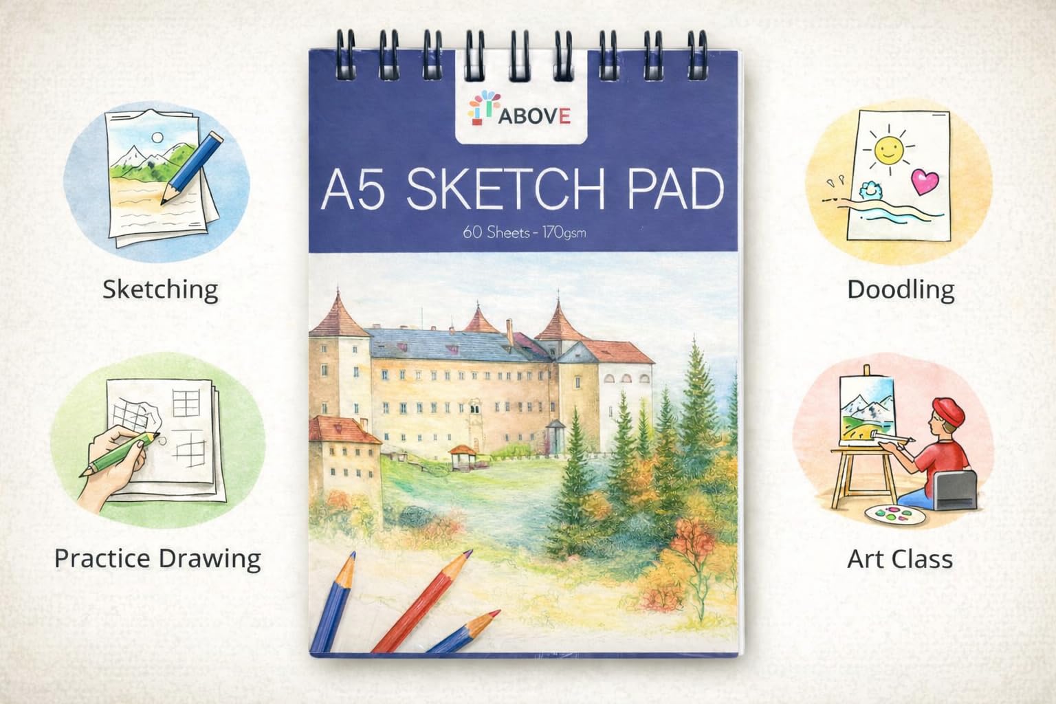1ABOVE Artists Sketch Pad - 60 Sheets Spiral Bound A5 Drawing Paper | 170gsm Acid-Free 5