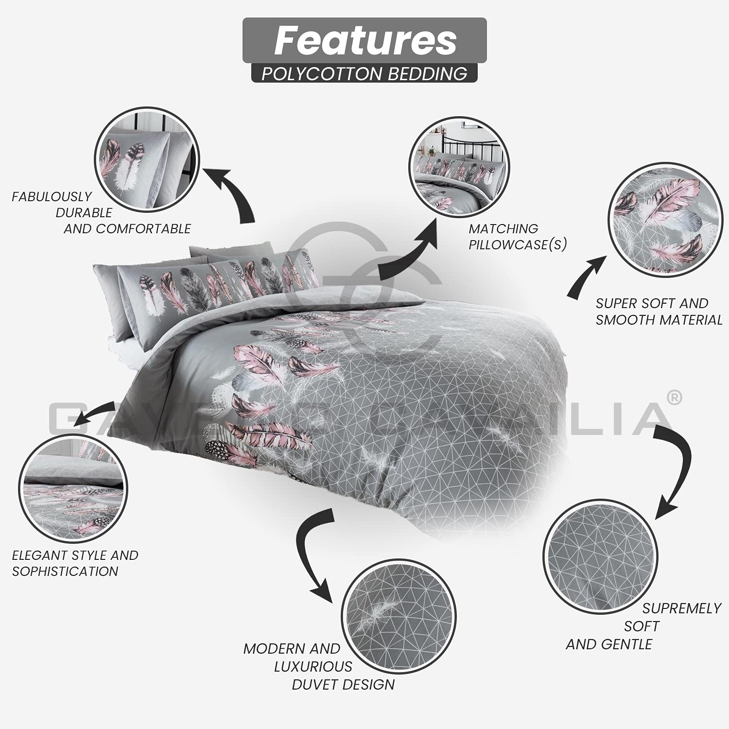 GC GAVENO CAVAILIA Feather Printed Duvet Cover Set, King Size, Grey Polycotton Blend 2