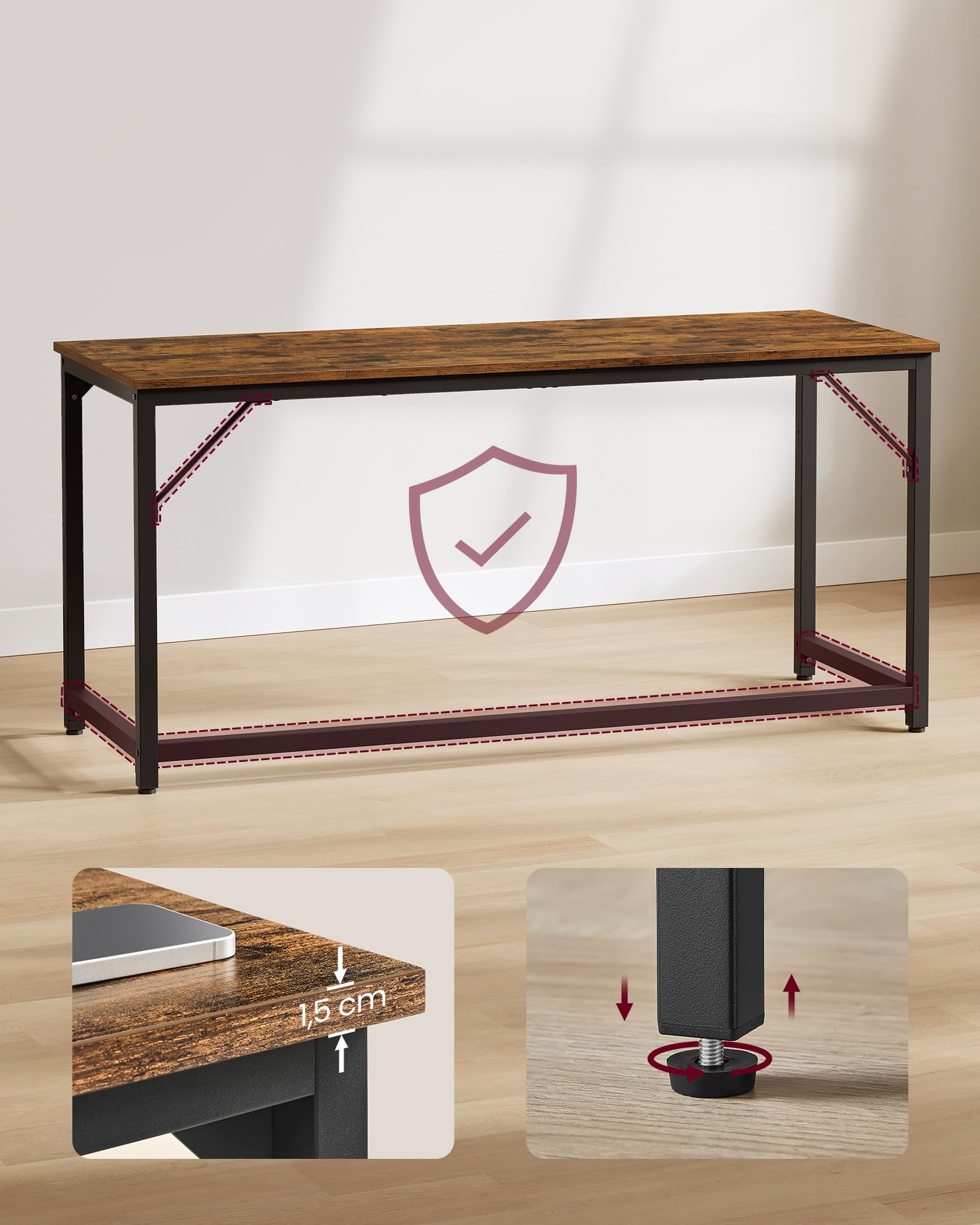 VASAGLE Computer Desk - 160 x 60 cm Workspace | Rustic Brown & Ink Black | Supports 50 kg 4